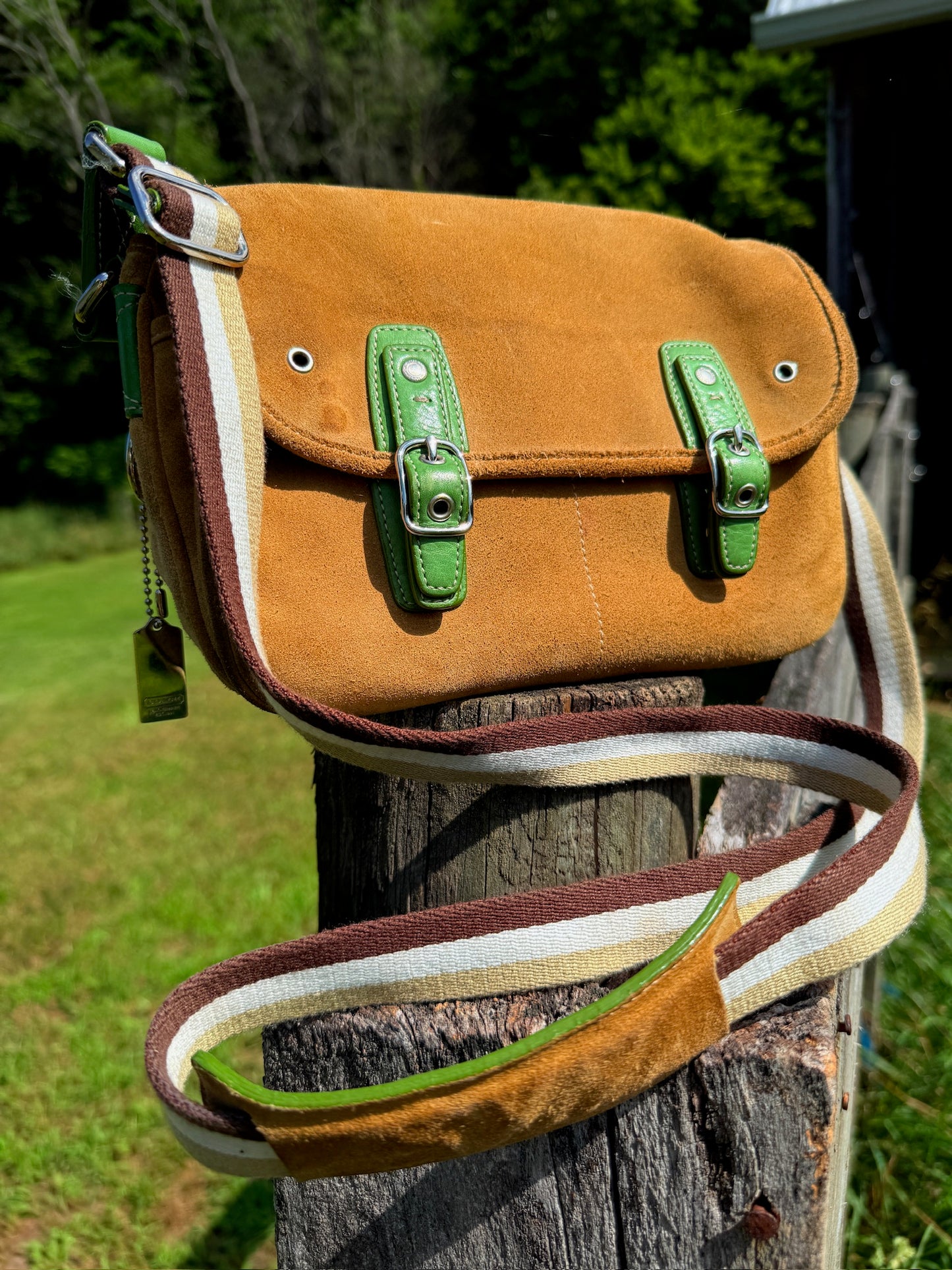 Y2K Coach Tan Suede Leather Green Accent Crossbody Bag