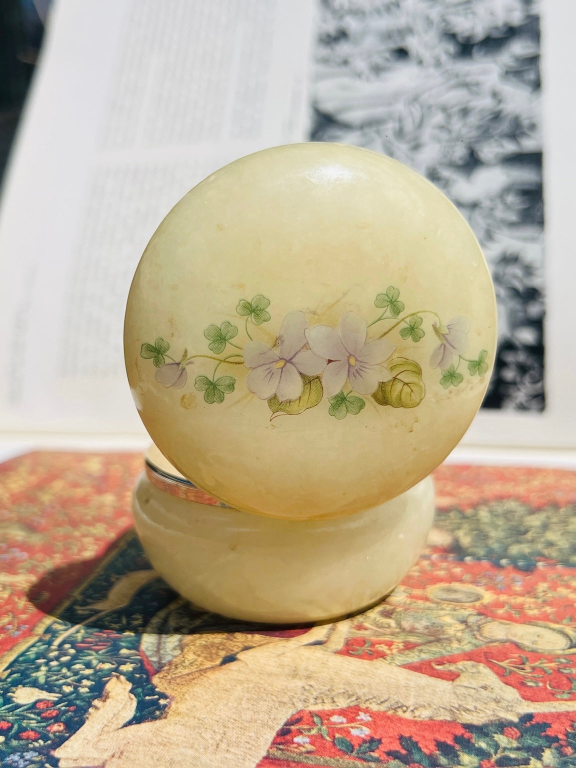 Vintage 1950s Alabaster Carved Floral Trinket Box