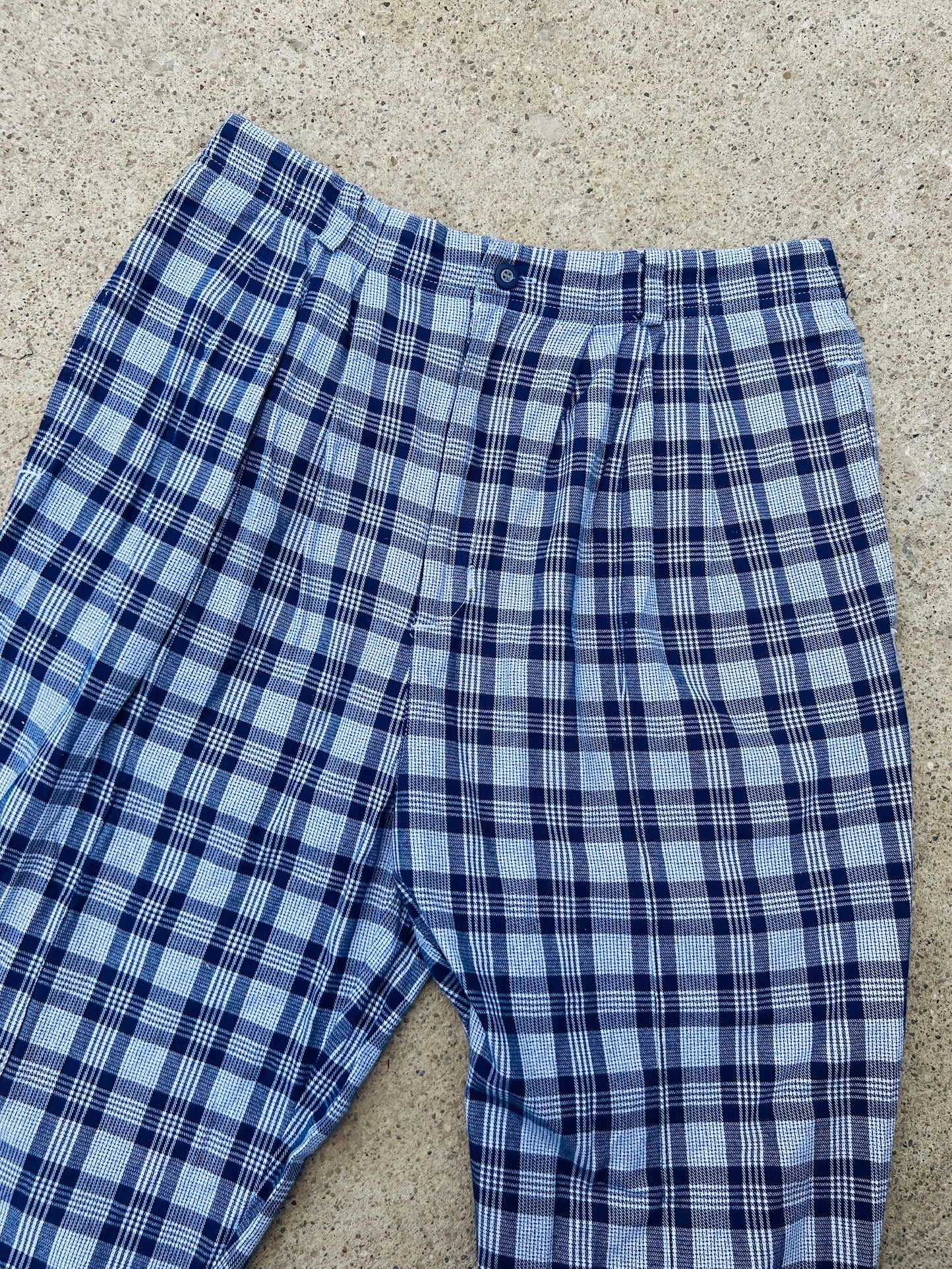 Vintage 1990s Eddie Bauer Blue Plaid Pleated Cotton Trousers | Waist 30”