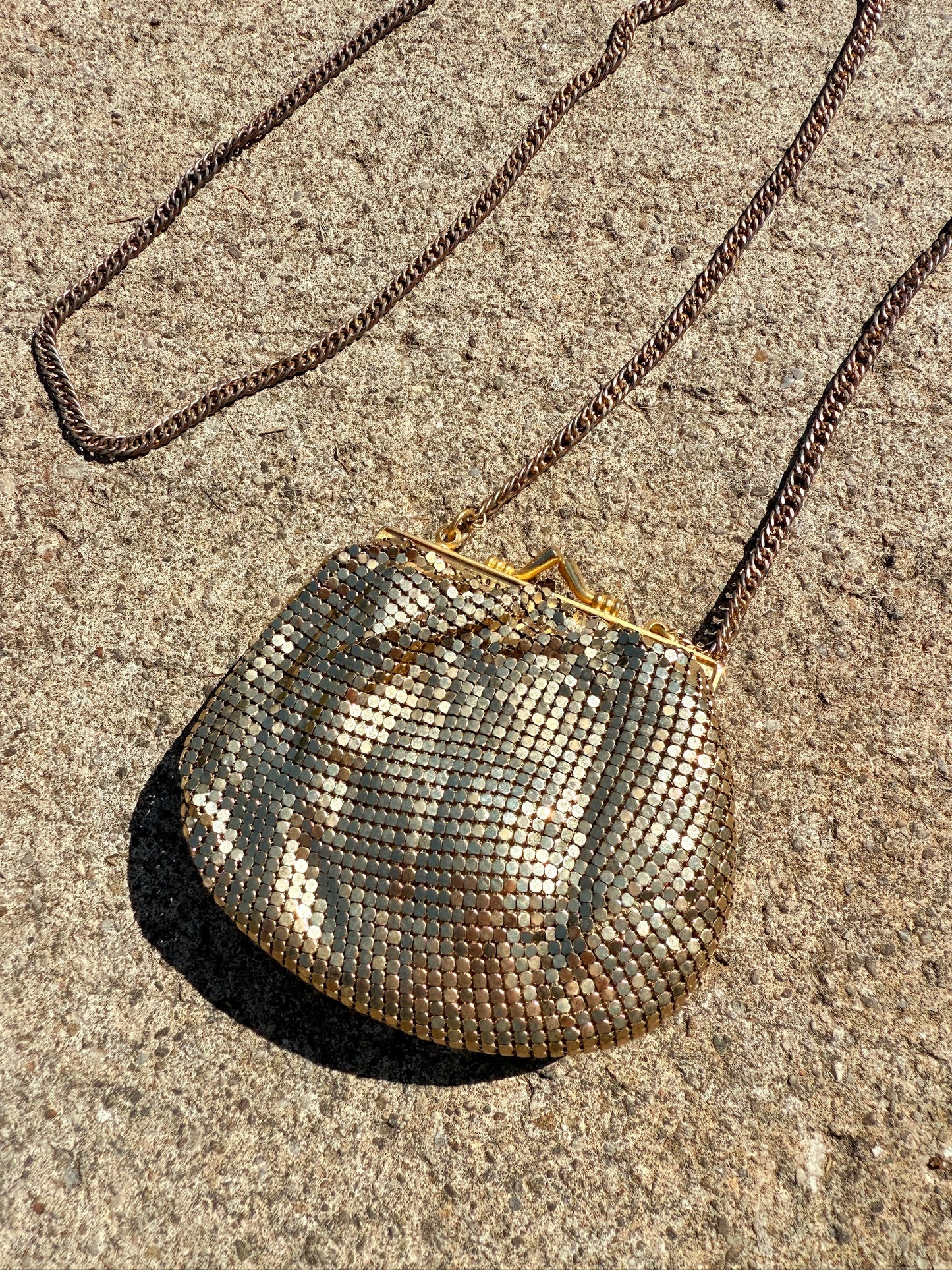 Vintage 1980s Whiting & Davis Gold Chainmail Crossbody Mini Evening Bag