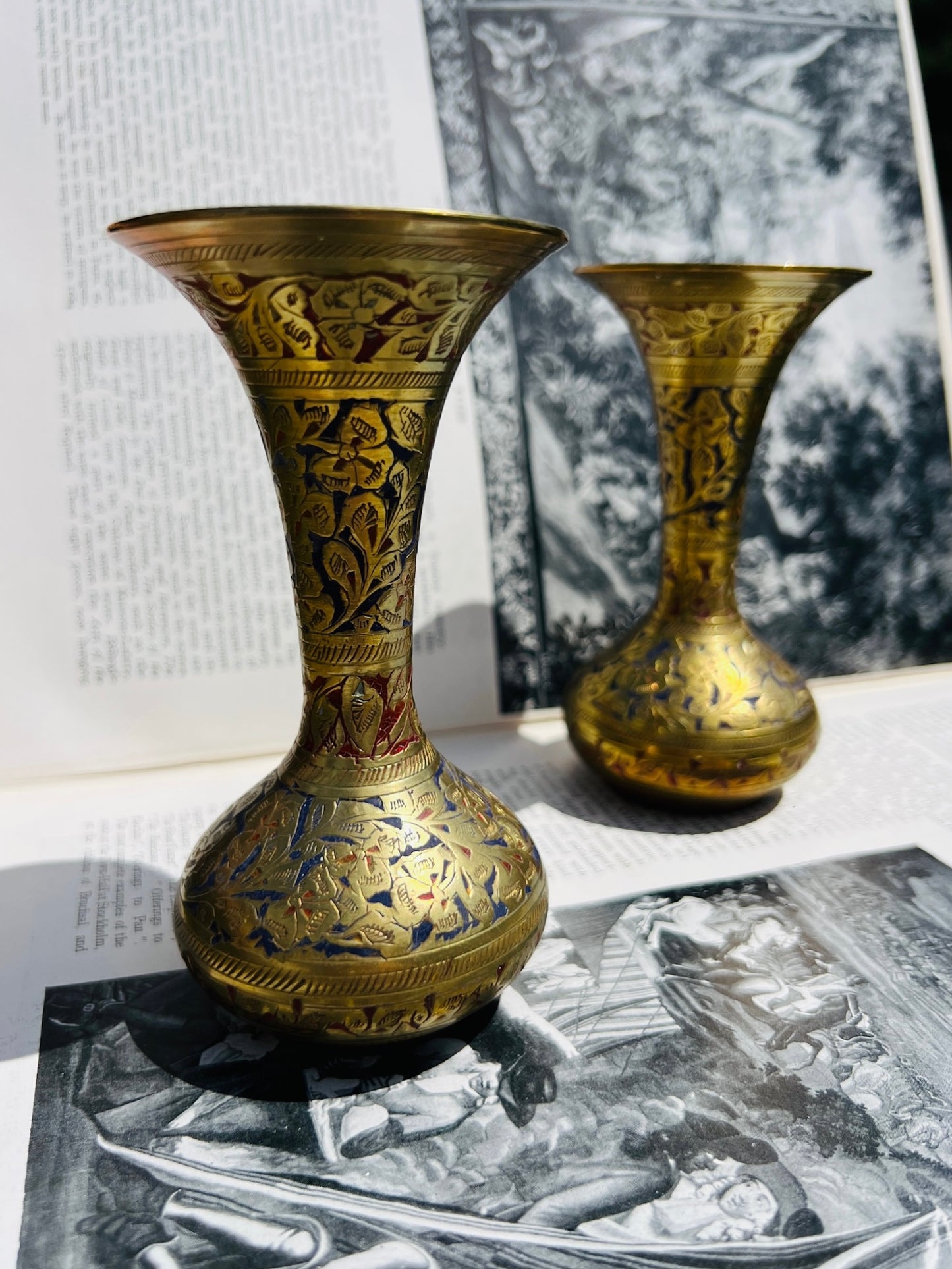 Vintage 1950s Solid Brass Floral Etched Bud Vases | Set of 2