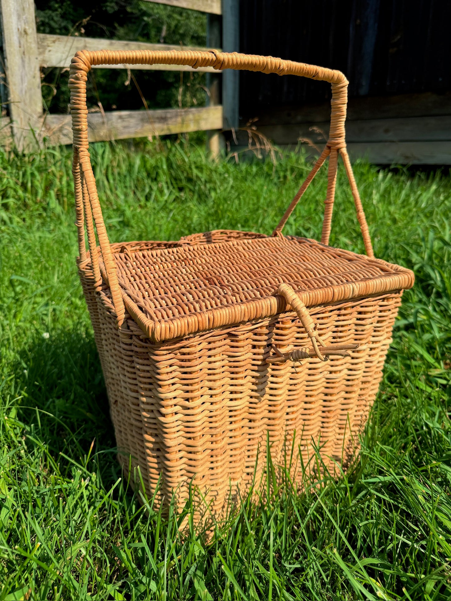 Vintage 1950s Wicker Woven Picnic Basket w/ Tablecloth & Glasses