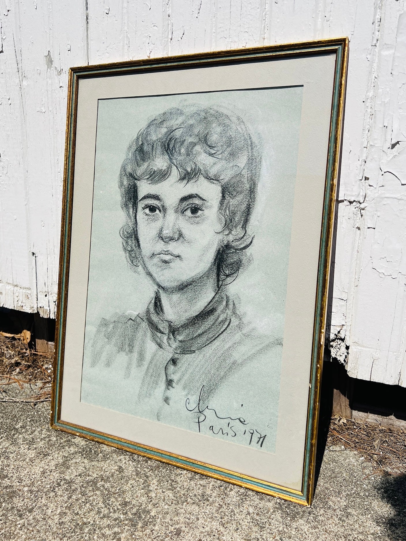 Vintage 1970s Framed Black & White Parisian "Portrait of a Girl" Drawing