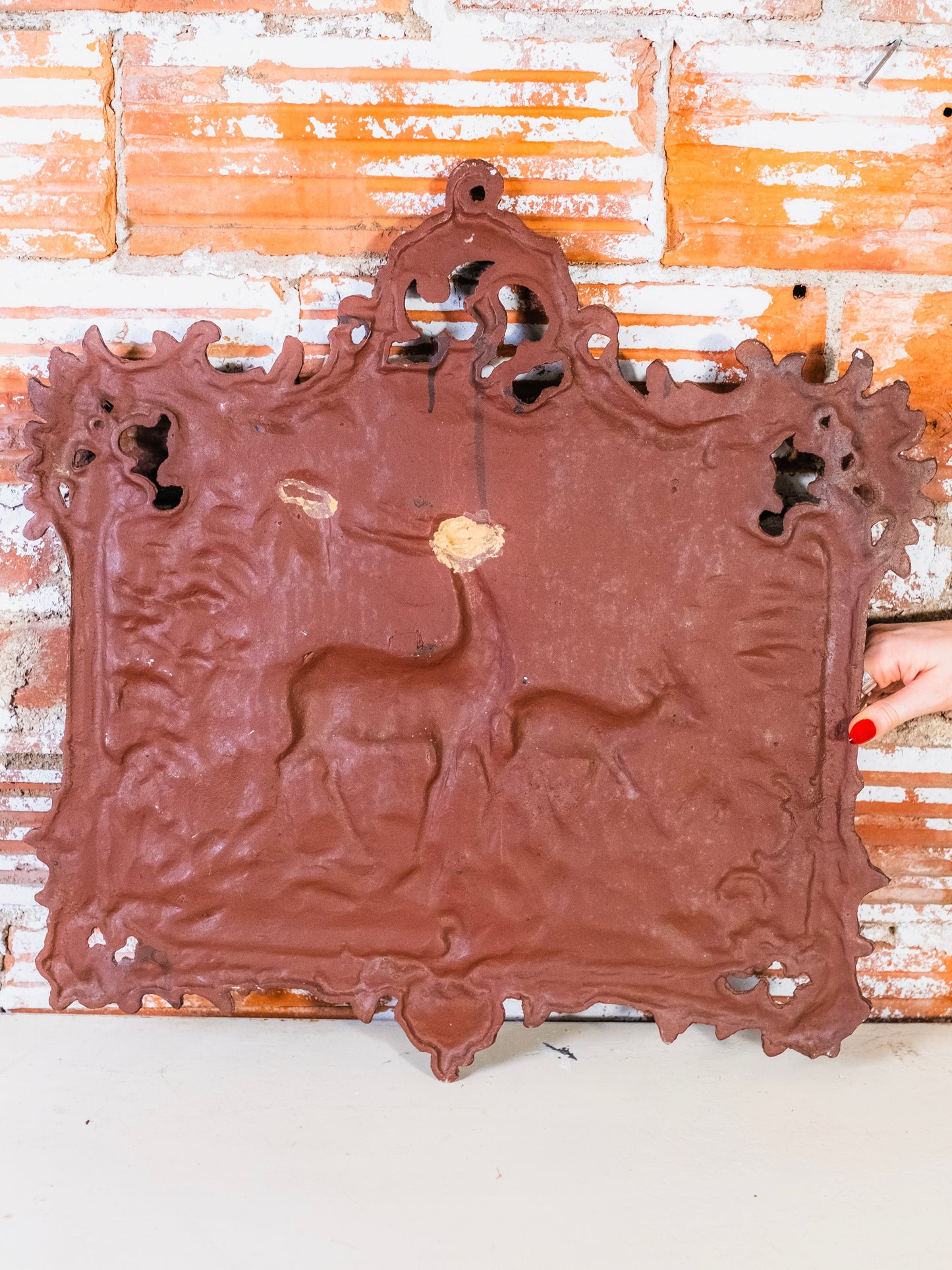 Antique Cast Iron Relief “Deer in Forest” Ornate Wall Plaque