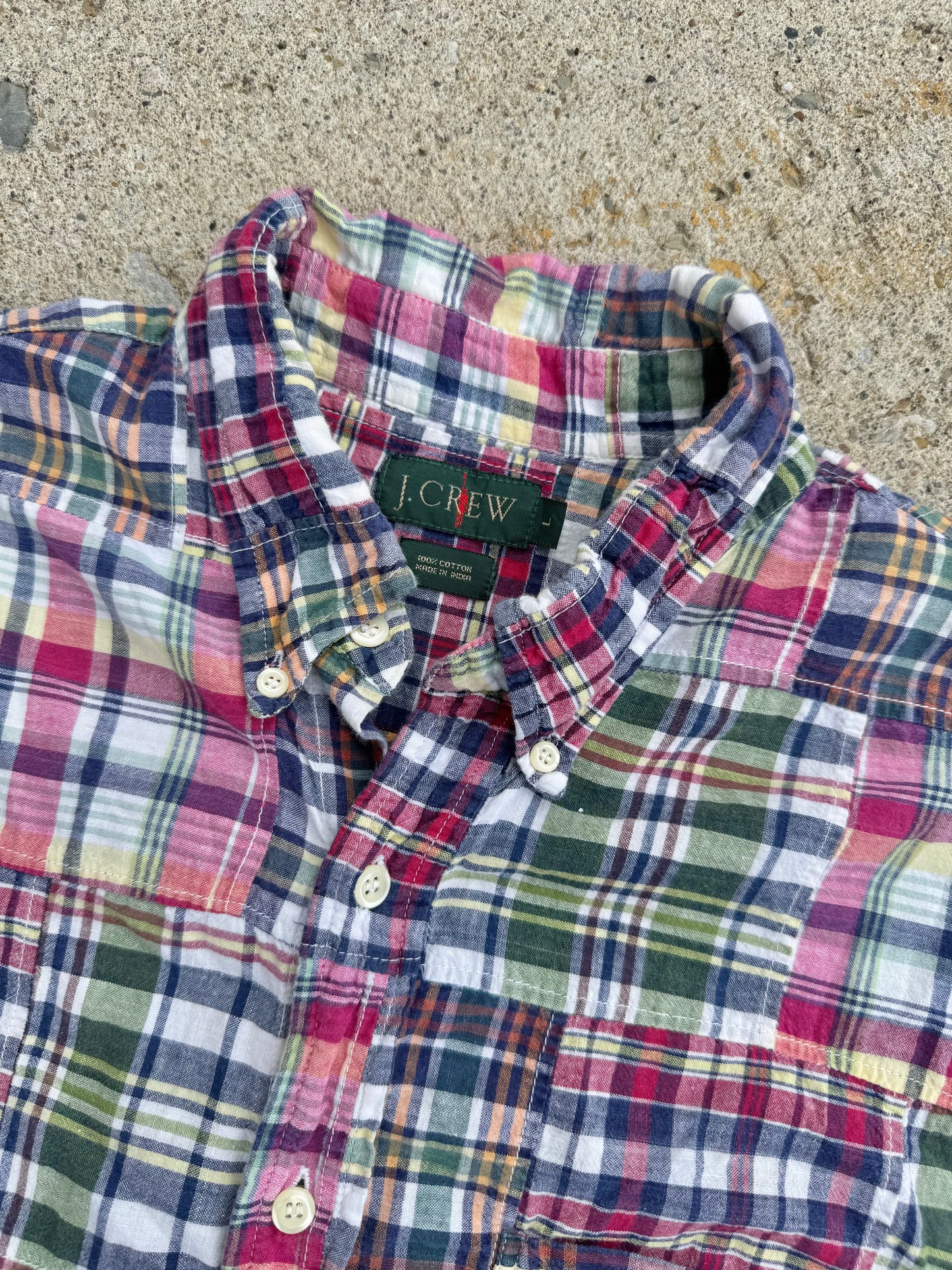 Vintage 1990s J. Crew Plaid Patchwork Button-Down Shirt | Large