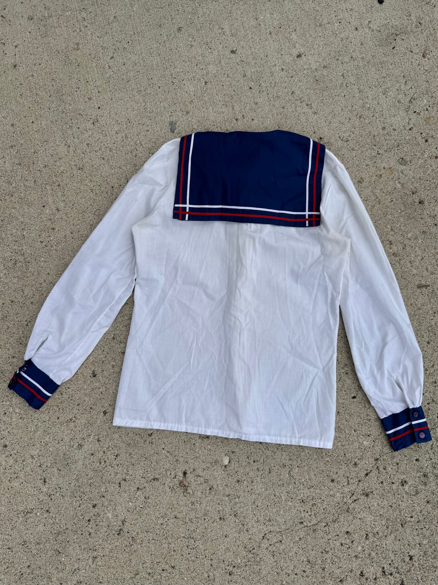 Vintage 1970s White & Navy Button-Up Sailor Blouse | Small