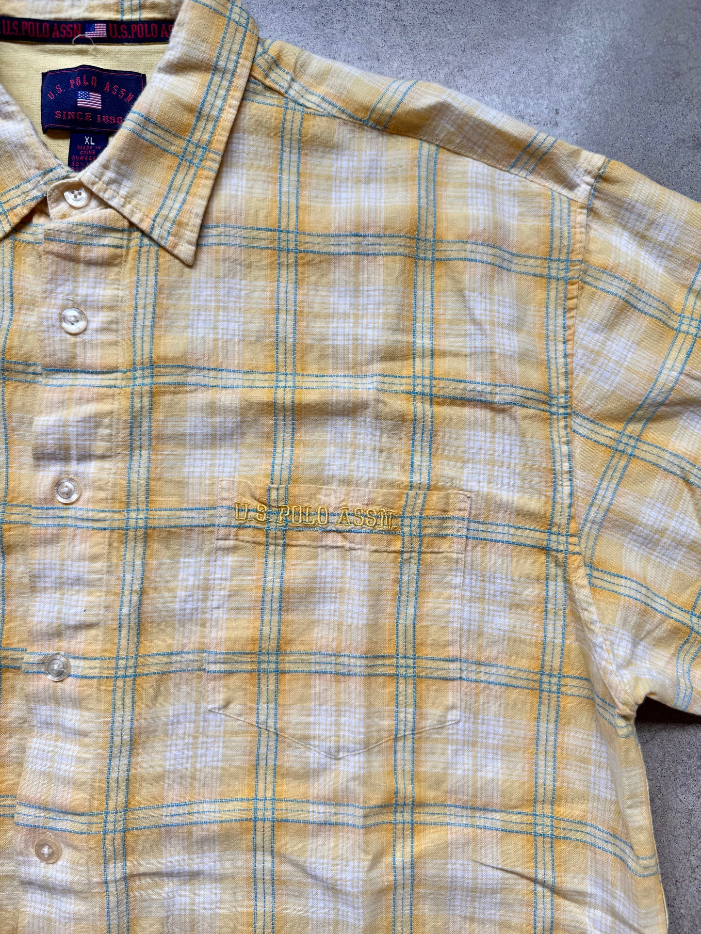 2000s U.S. Polo Assn. Yellow Plaid Linen-Blend Short Sleeve Shirt | XL