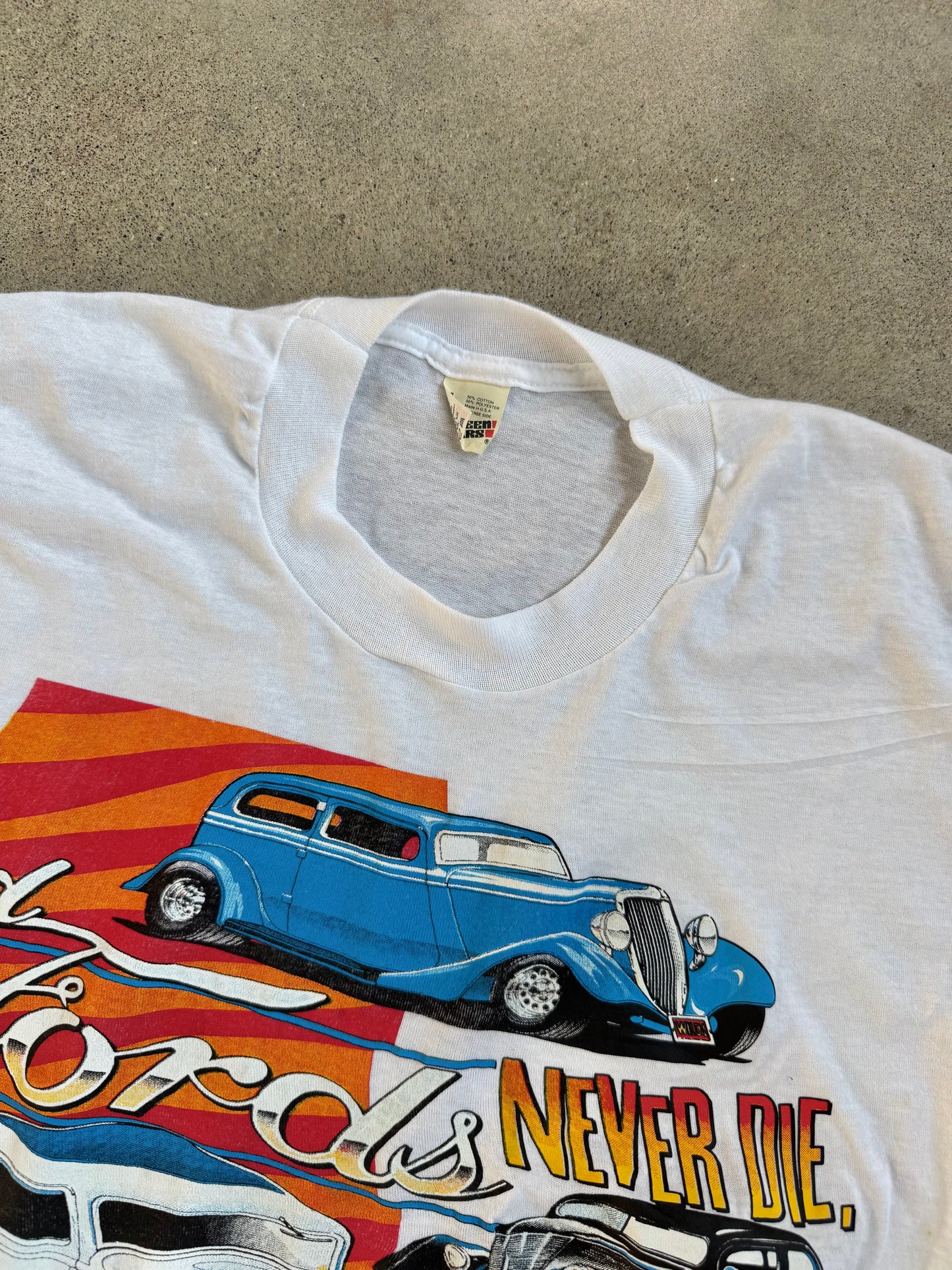 Vintage 1980s Air Waves “Old Fords Never Die” White Graphic Tee | Large