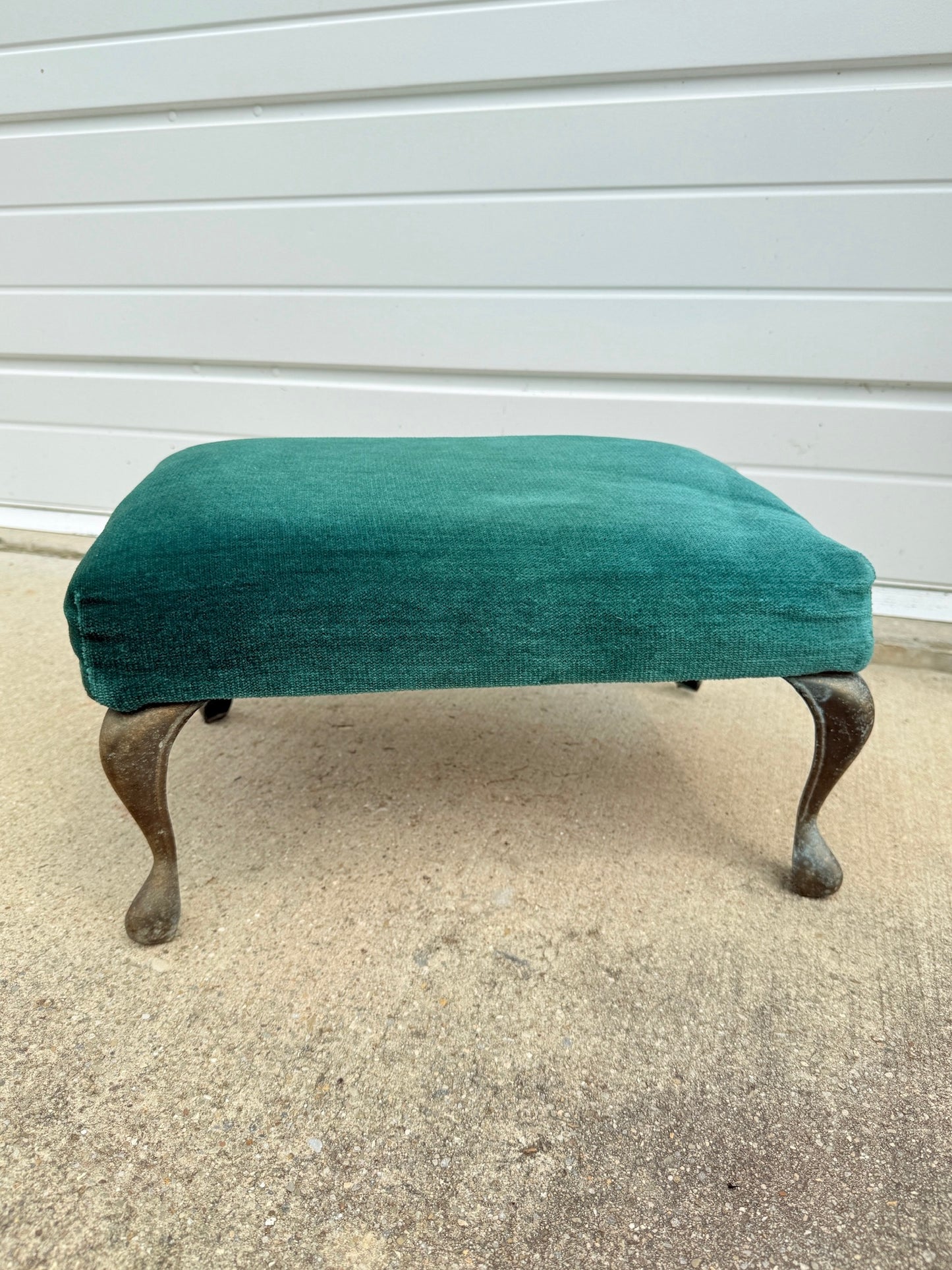 Vintage 1950s Brass Footed Green Velvet Footstool