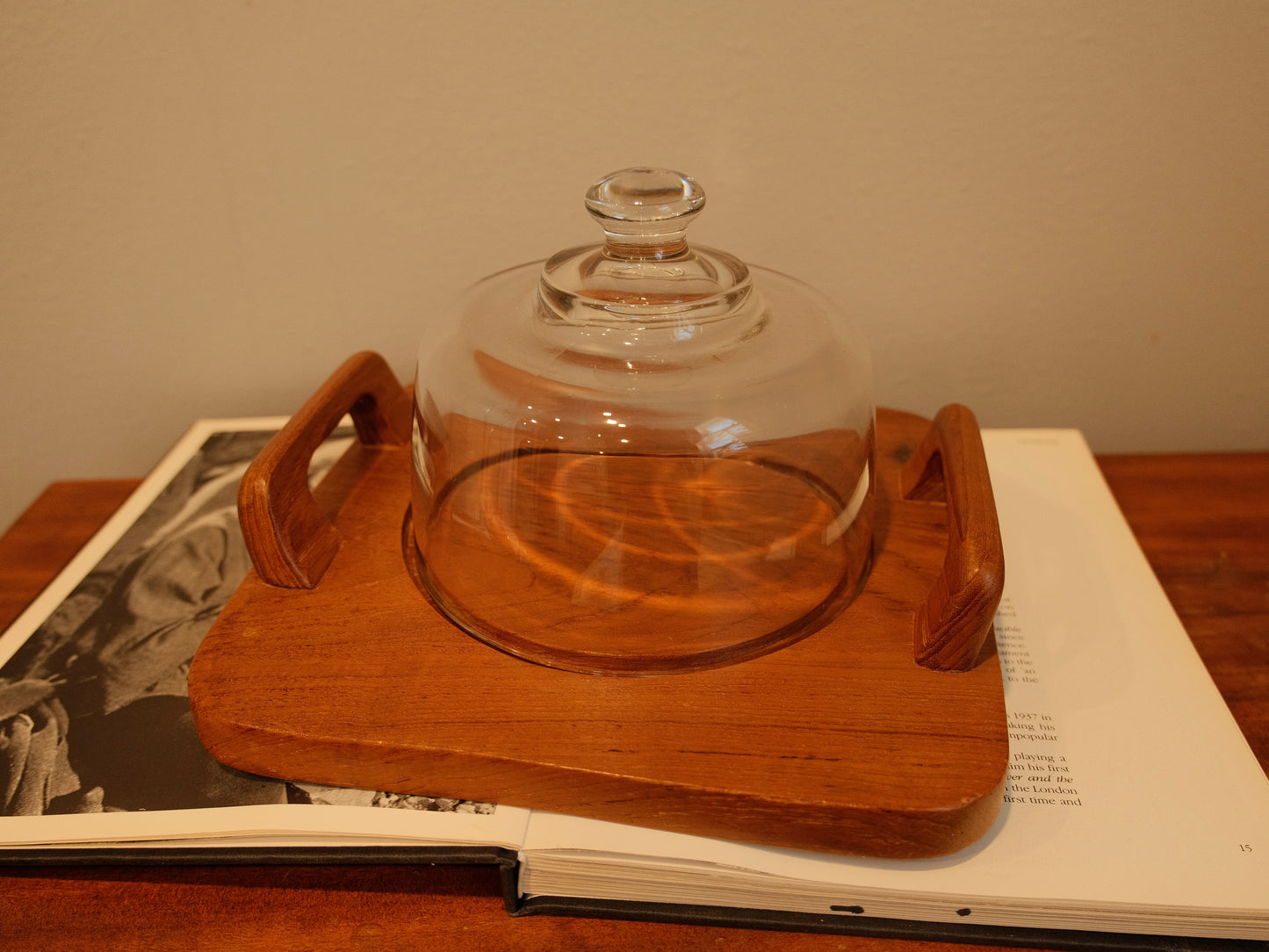 Vintage Danish Teakwood Cheese Board & Glass Dome