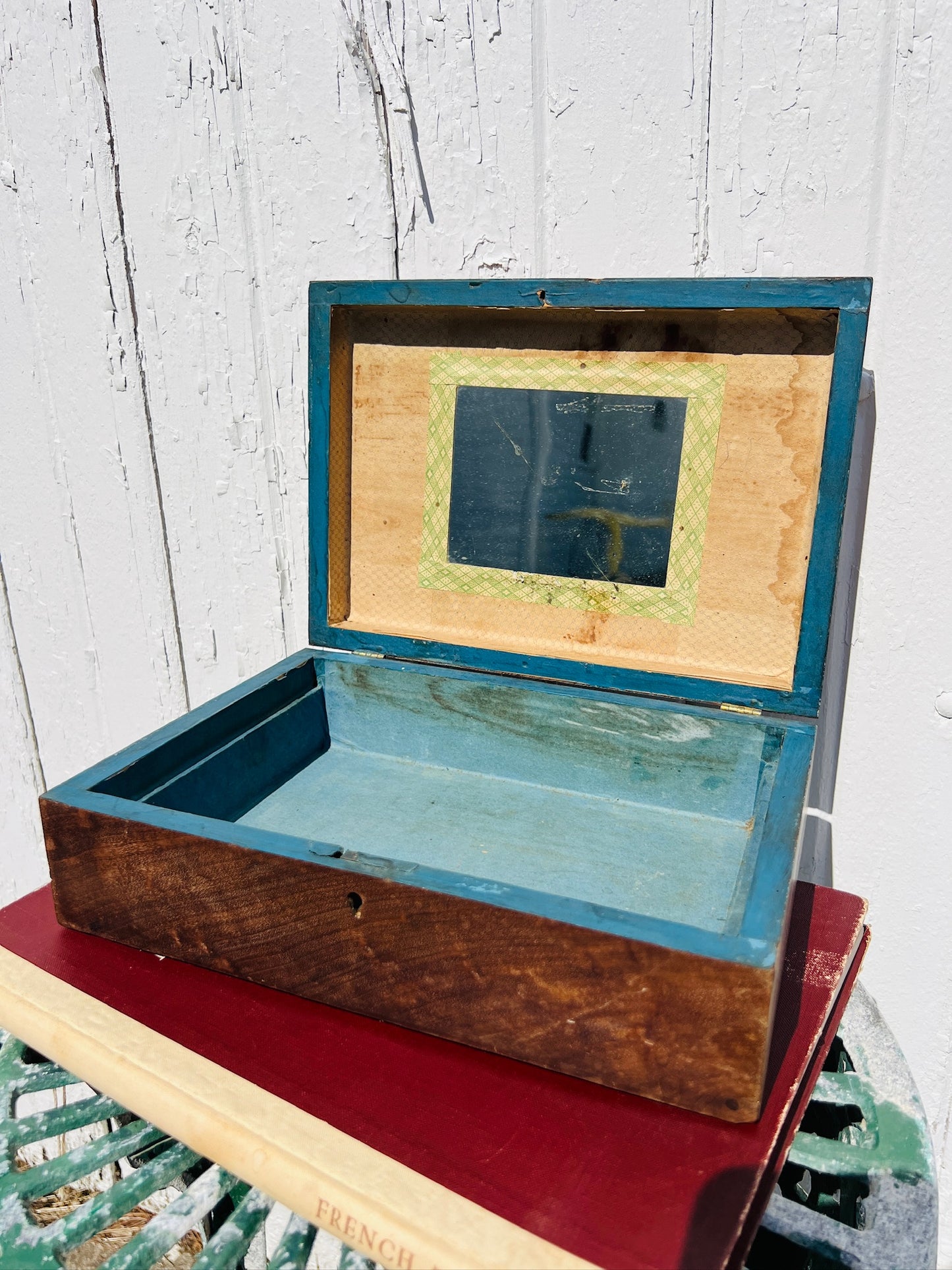 Antique 1800s Primitive Wood Inlay American Folk Art Jewelry Box