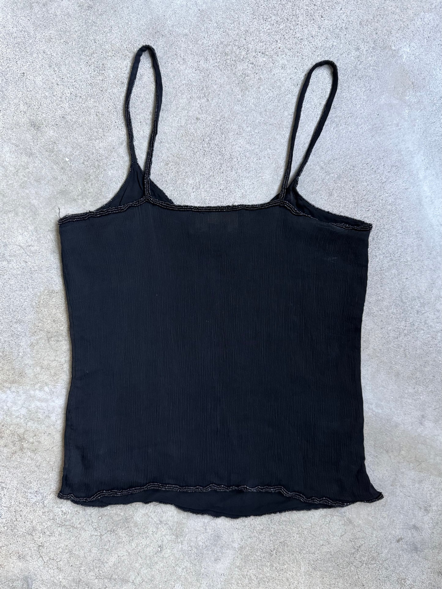 Vintage 1990s Express Black Beaded Trim Silk Tank Top | Small
