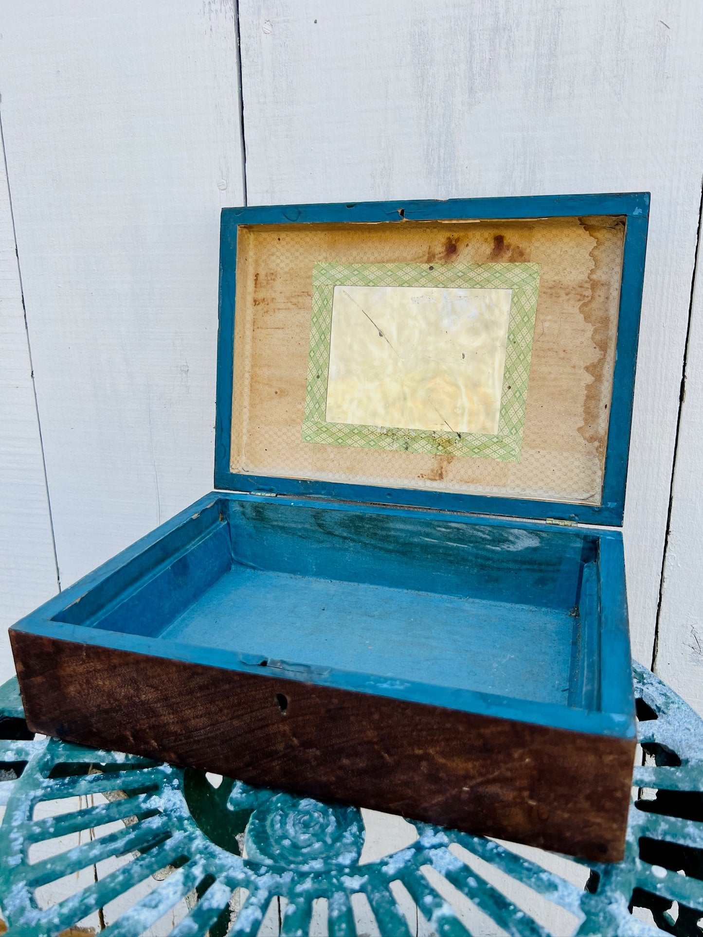 Antique 1800s Primitive Wood Inlay American Folk Art Jewelry Box