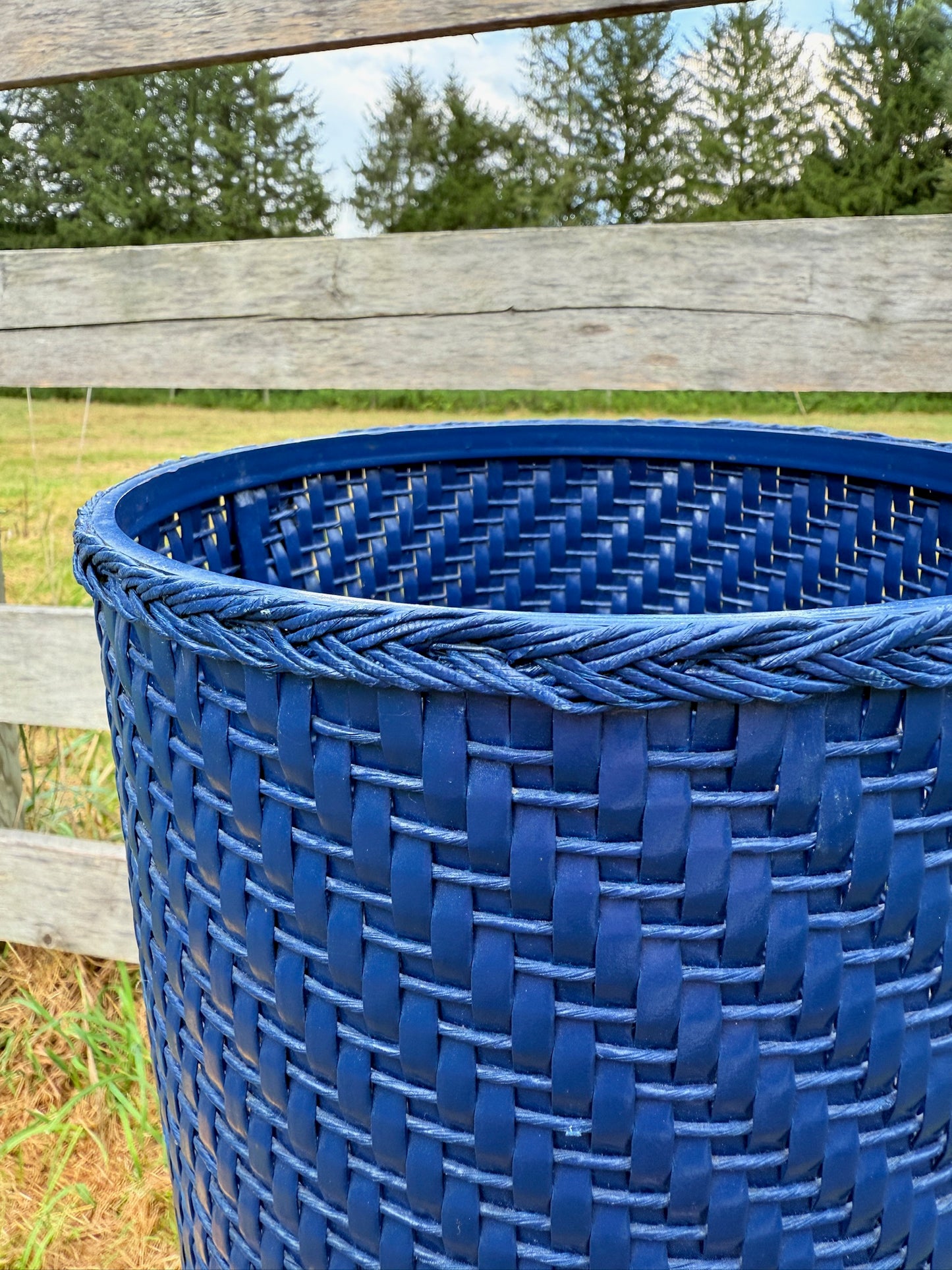 Vintage 1960s Navy Blue Straw Woven Waste Basket