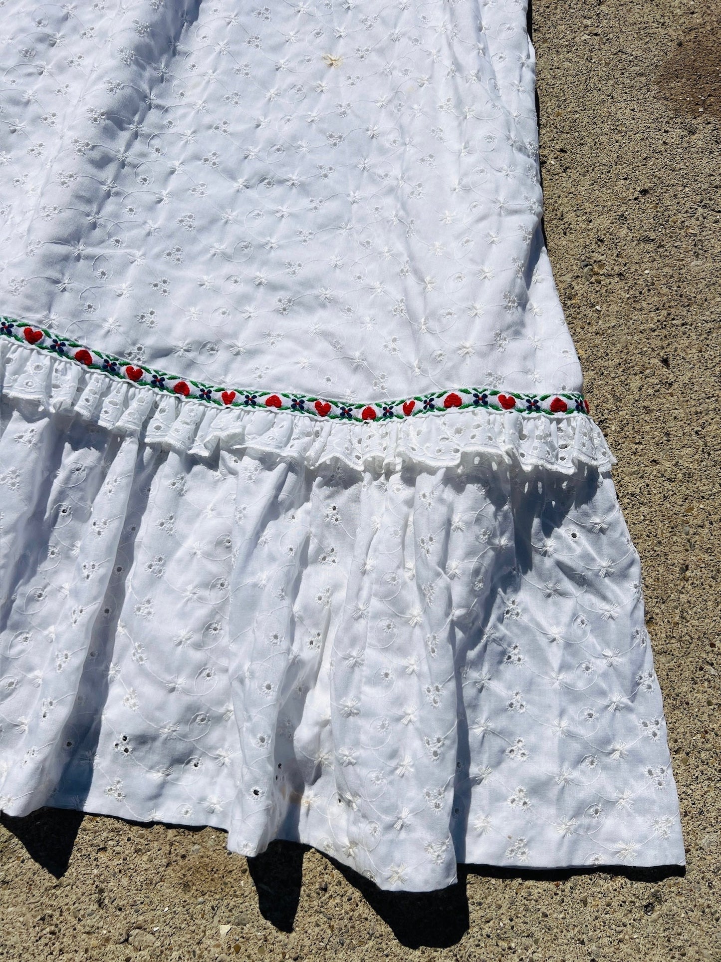 Vintage 1970s Vicky Vaughn White Eyelet Ruffle Maxi Dress | XS/S
