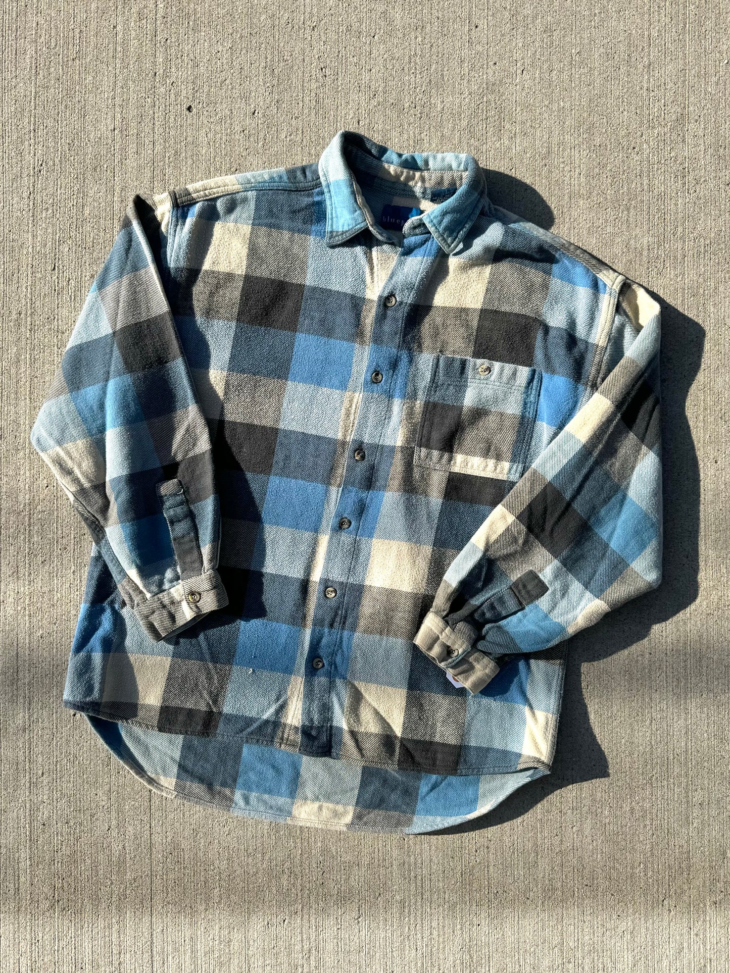 Vintage 1990s Blueprint Blue Plaid Cotton Flannel Shirt | Large