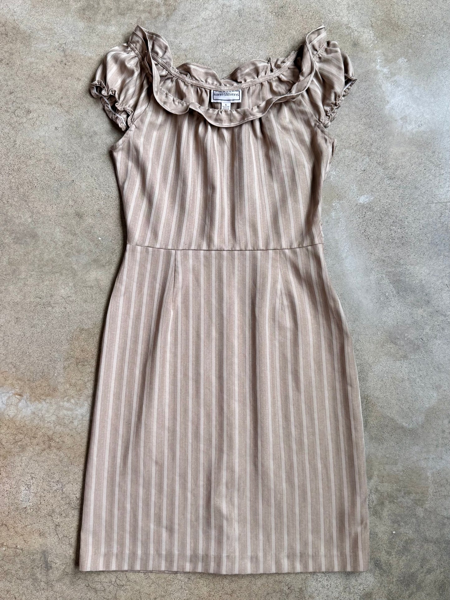 Karin Stevens Beige Stripe Ruffle Collar Dress | Small