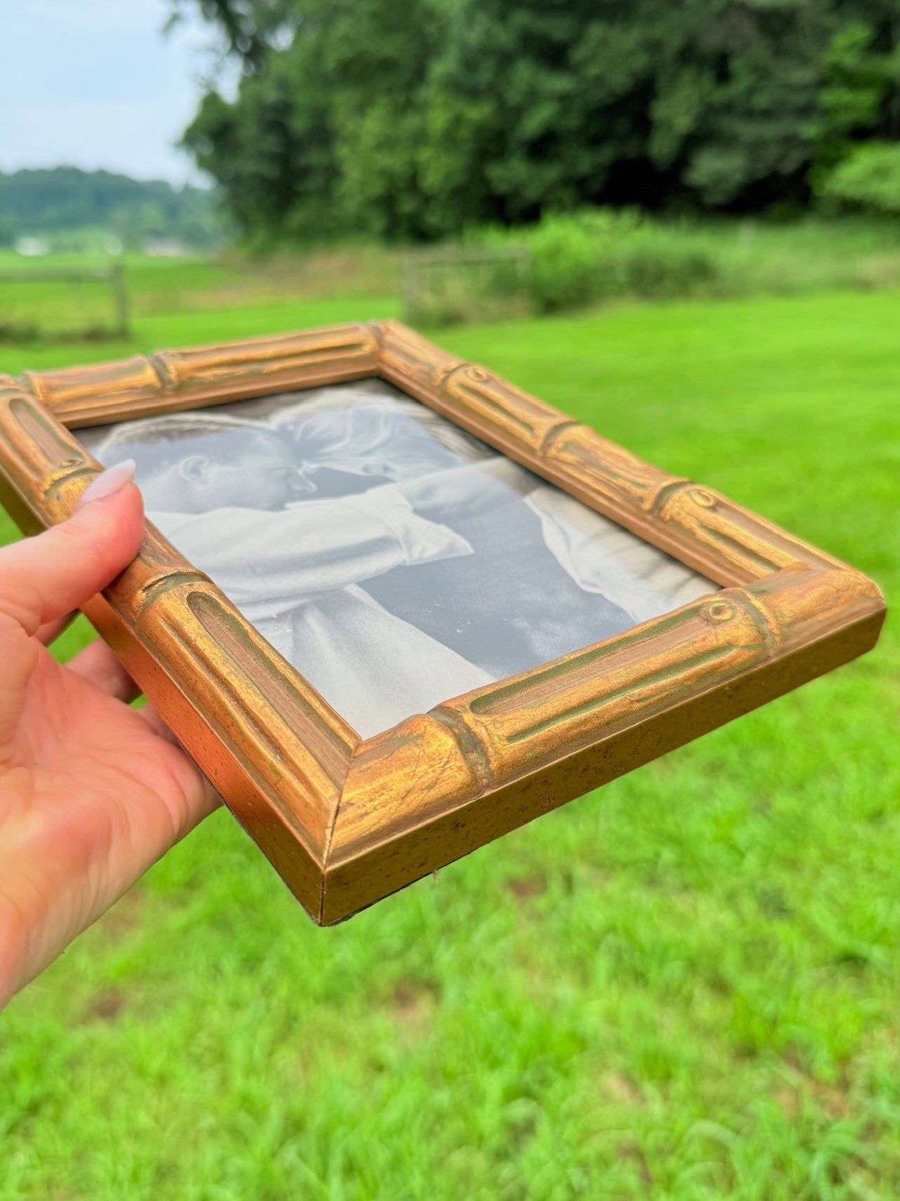 Vintage Gold Bamboo-Style Picture Frame w/ "Couples Embrace" Print