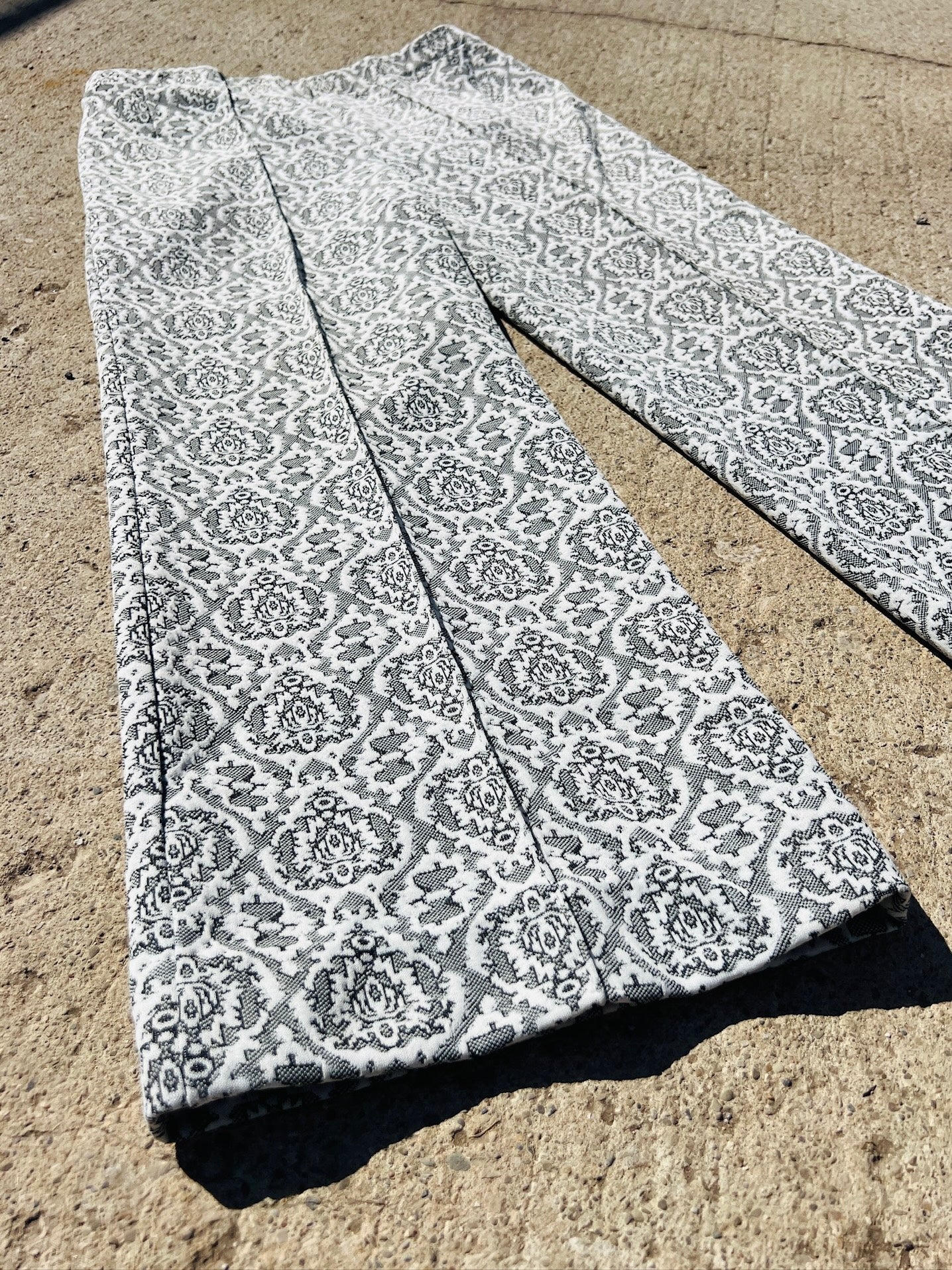 Vintage 1960s Black & White Damask Wide Leg Pants | Large
