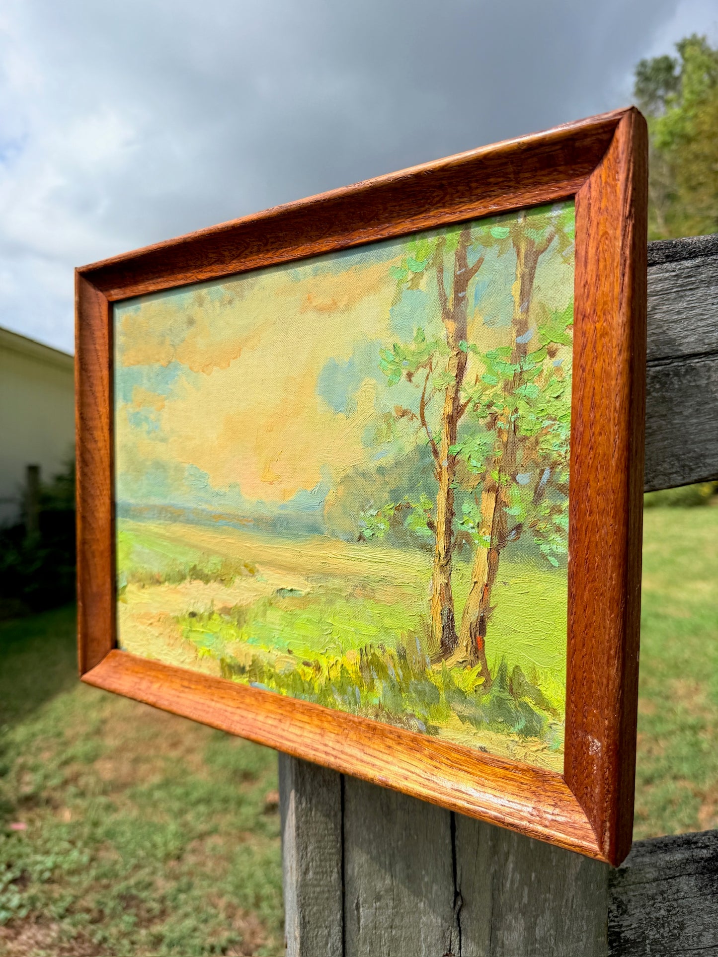 Vintage 1950s Wood Framed Meadow Landscape Oil Painting