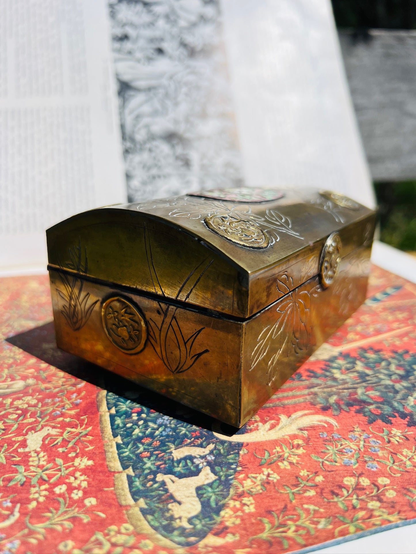 Vintage 1950s Brass Floral Painted Inlay Trinket Box
