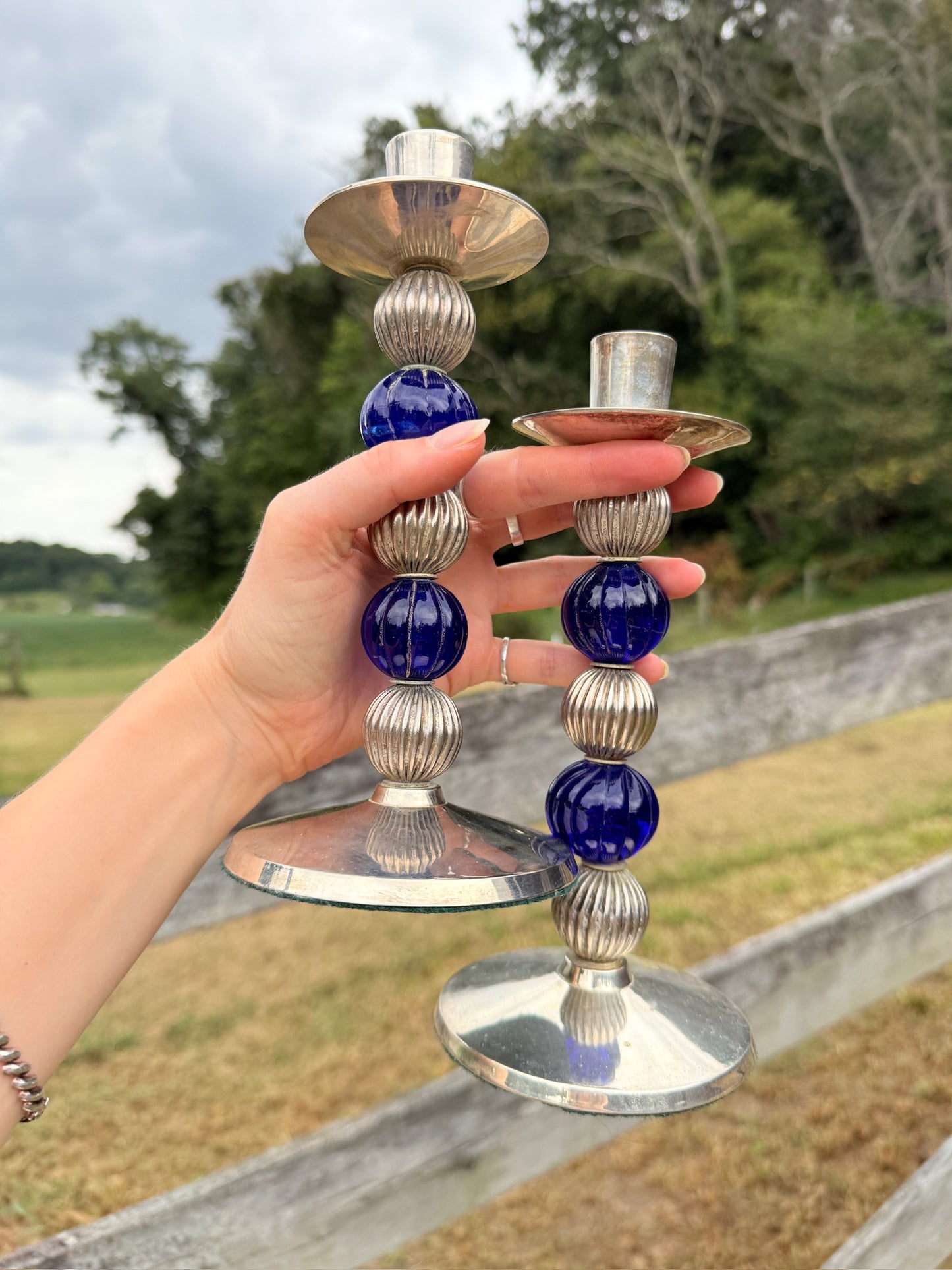 Vintage 1970s/80s Blue & Silver-Plated Stacked Orb Candlestick Holders | Set of 2