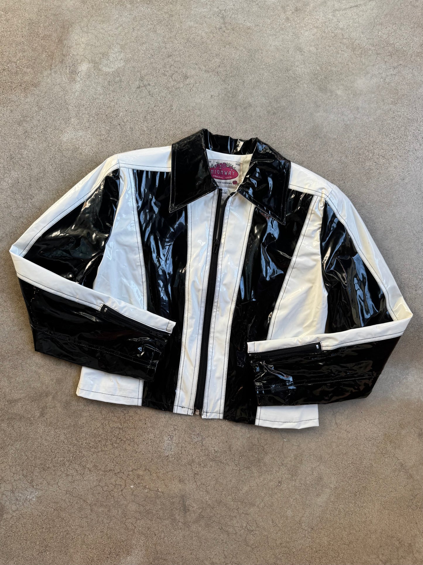 Vintage 1990s Highway Black & White Cropped Vinyl Jacket | Small