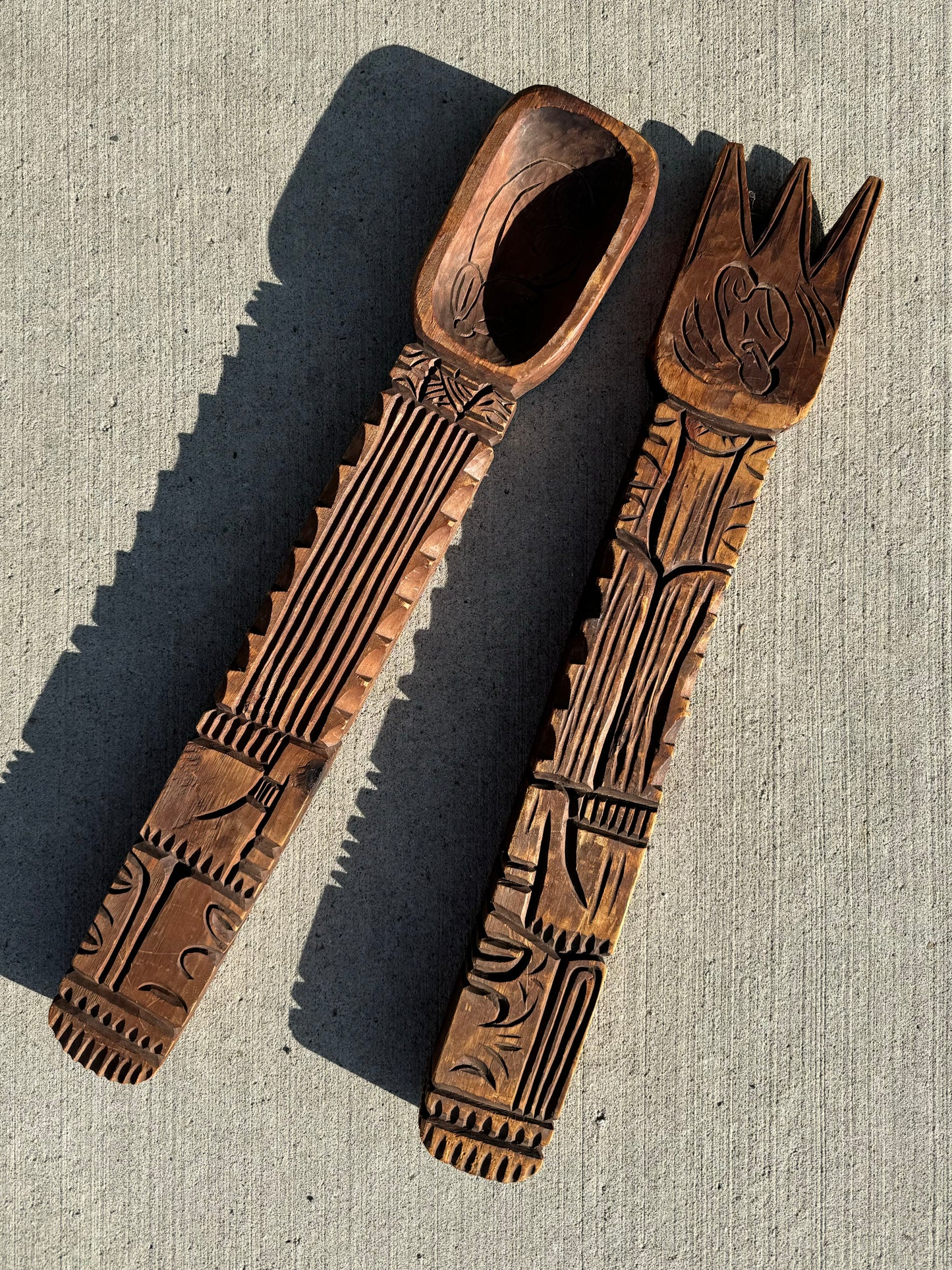 Vintage Wood Carved Fork & Spoon Decor