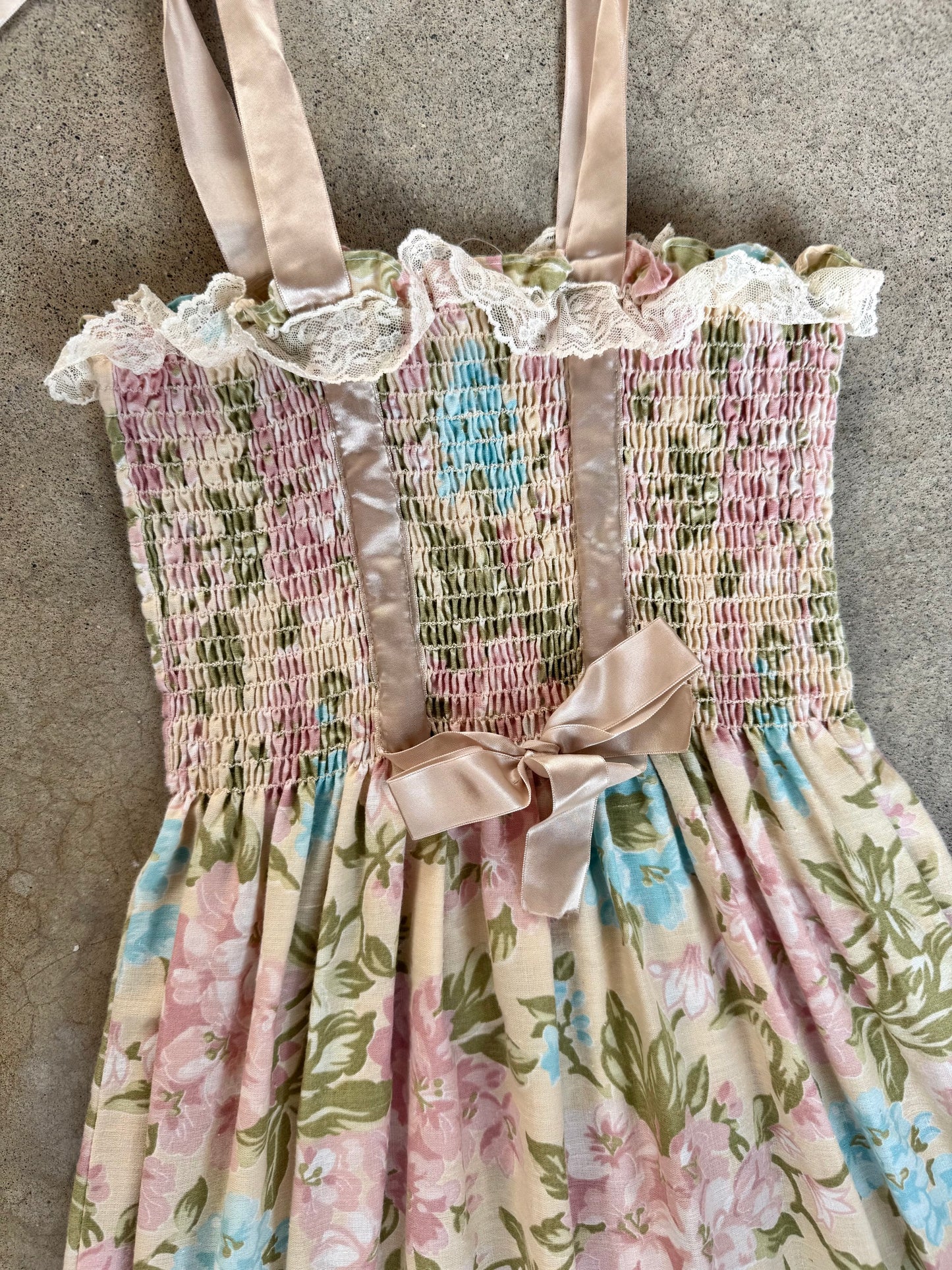 Vintage Pastel Floral Smocked Ribbon Strap Summer Dress | XS