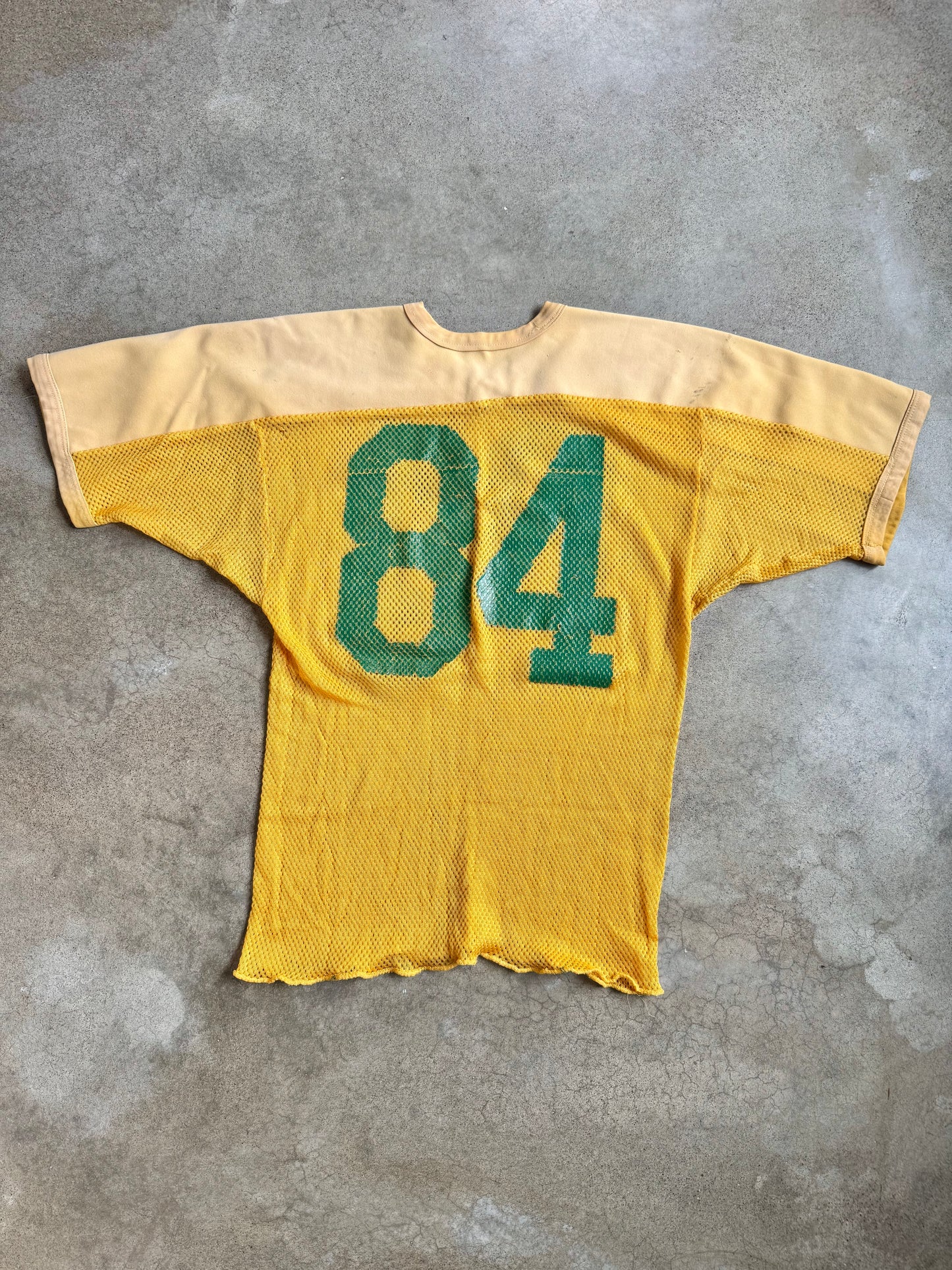Vintage 1970s Yellow & Green #84 Distressed Mesh Football Jersey | L/XL