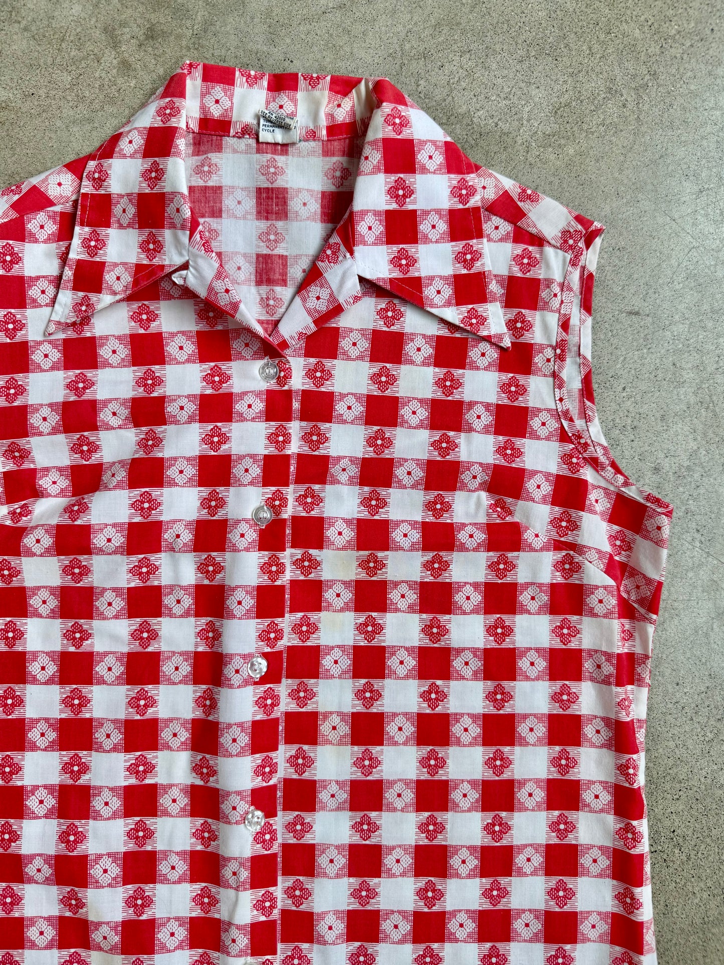 Vintage 1970s Miss K Red Floral Gingham Sleeveless Blouse | Small