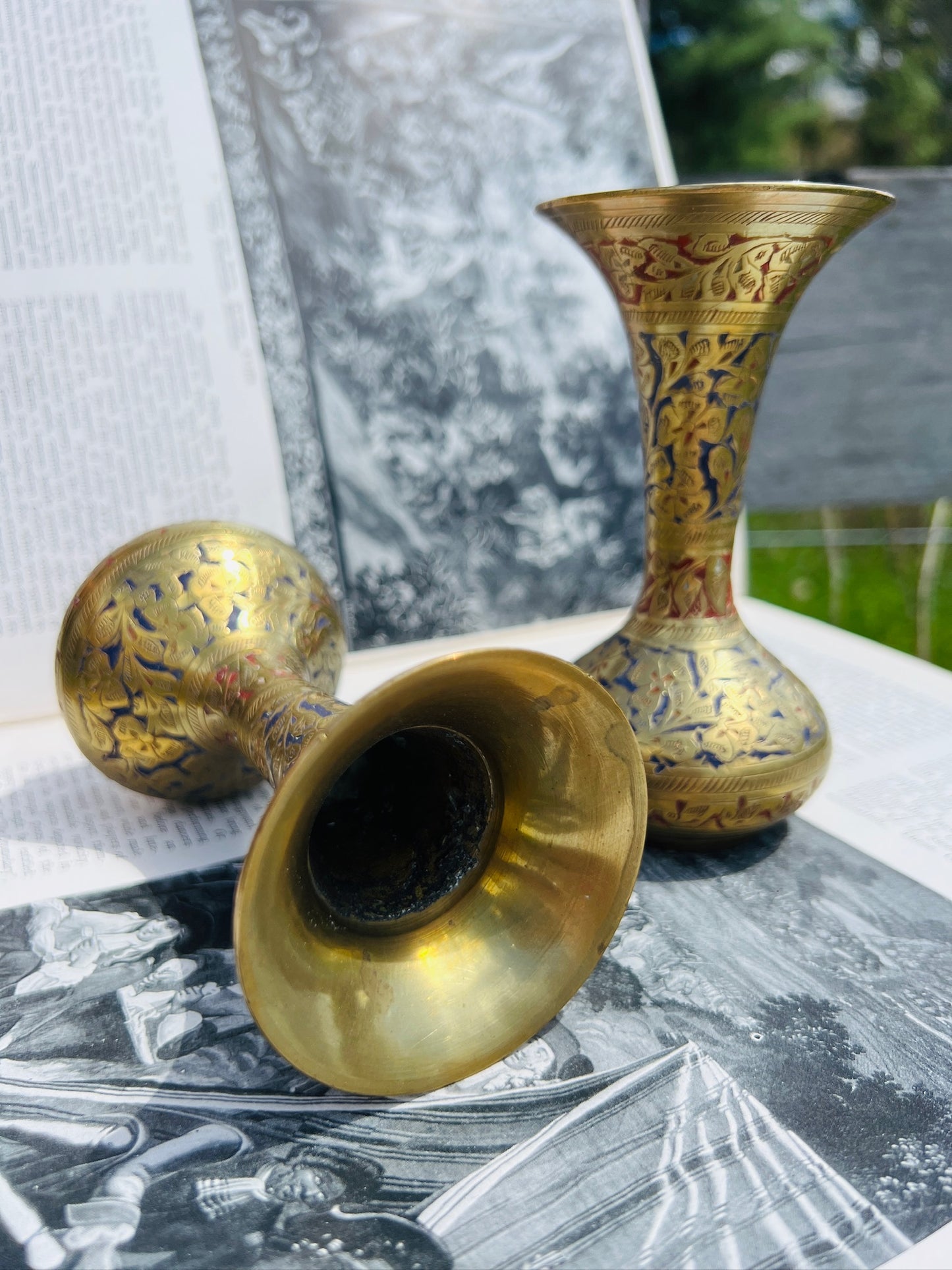 Vintage 1950s Solid Brass Floral Etched Bud Vases | Set of 2