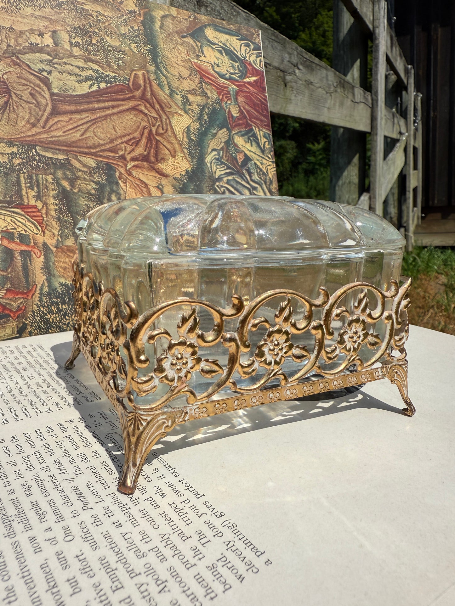 Vintage 1960s Glass Trinket Box w/ Gold-Tone Filigree Stand