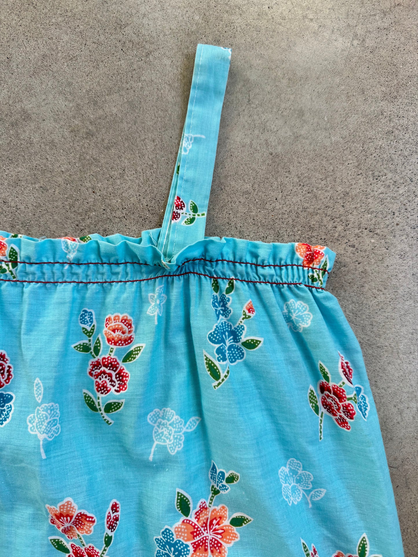 Vintage 1960s Blue Floral Lace Trim Sleeveless Midi Dress | Small