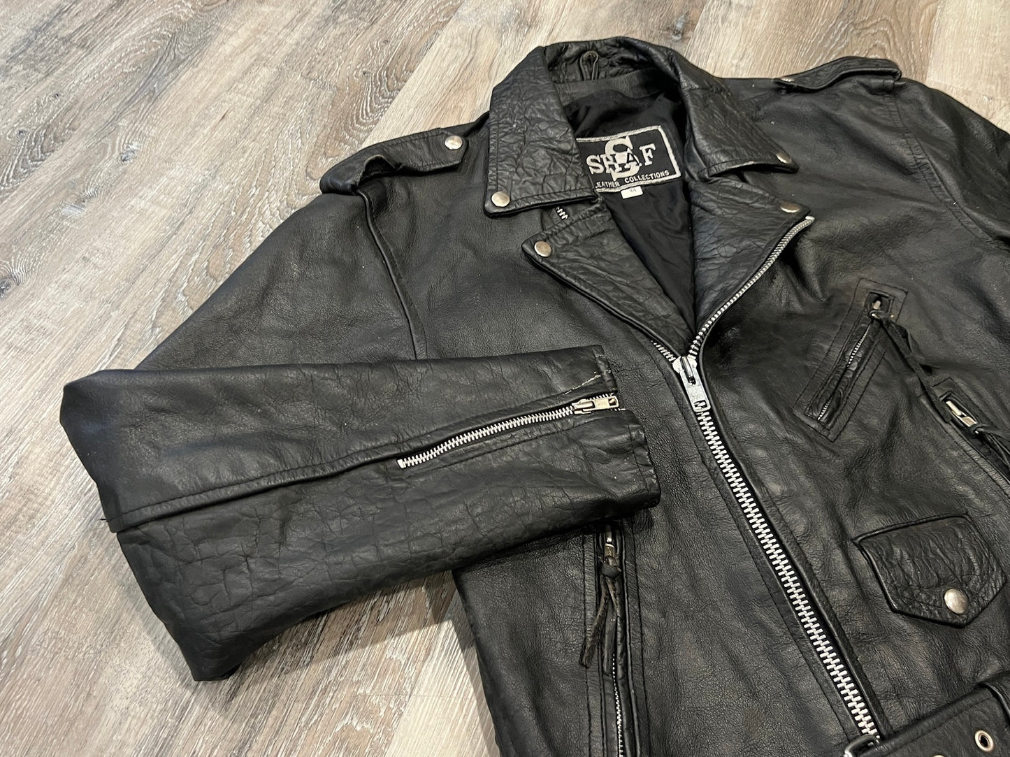 Vintage 1980s Shaf Black Leather Motorcycle Jacket | L/XL