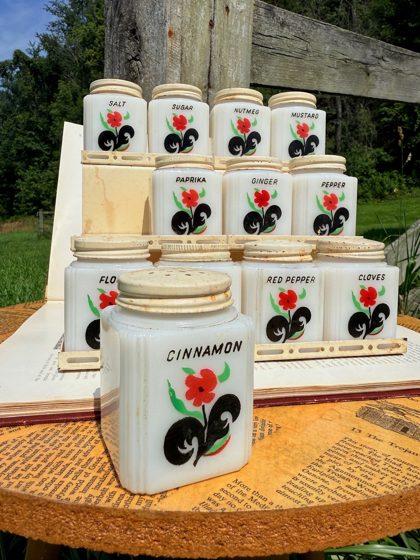 Vintage 1930s McKee Tipp City Milk Glass Spice Jar Set w/ Rack
