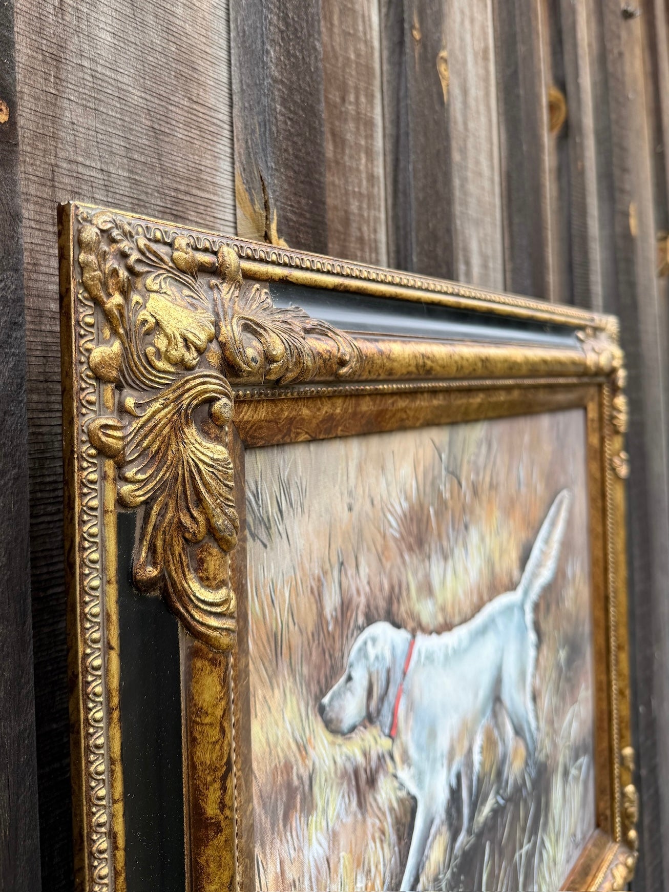 Vintage 1980s Framed & Signed “Dog in the Field” Oil On Canvas Painting