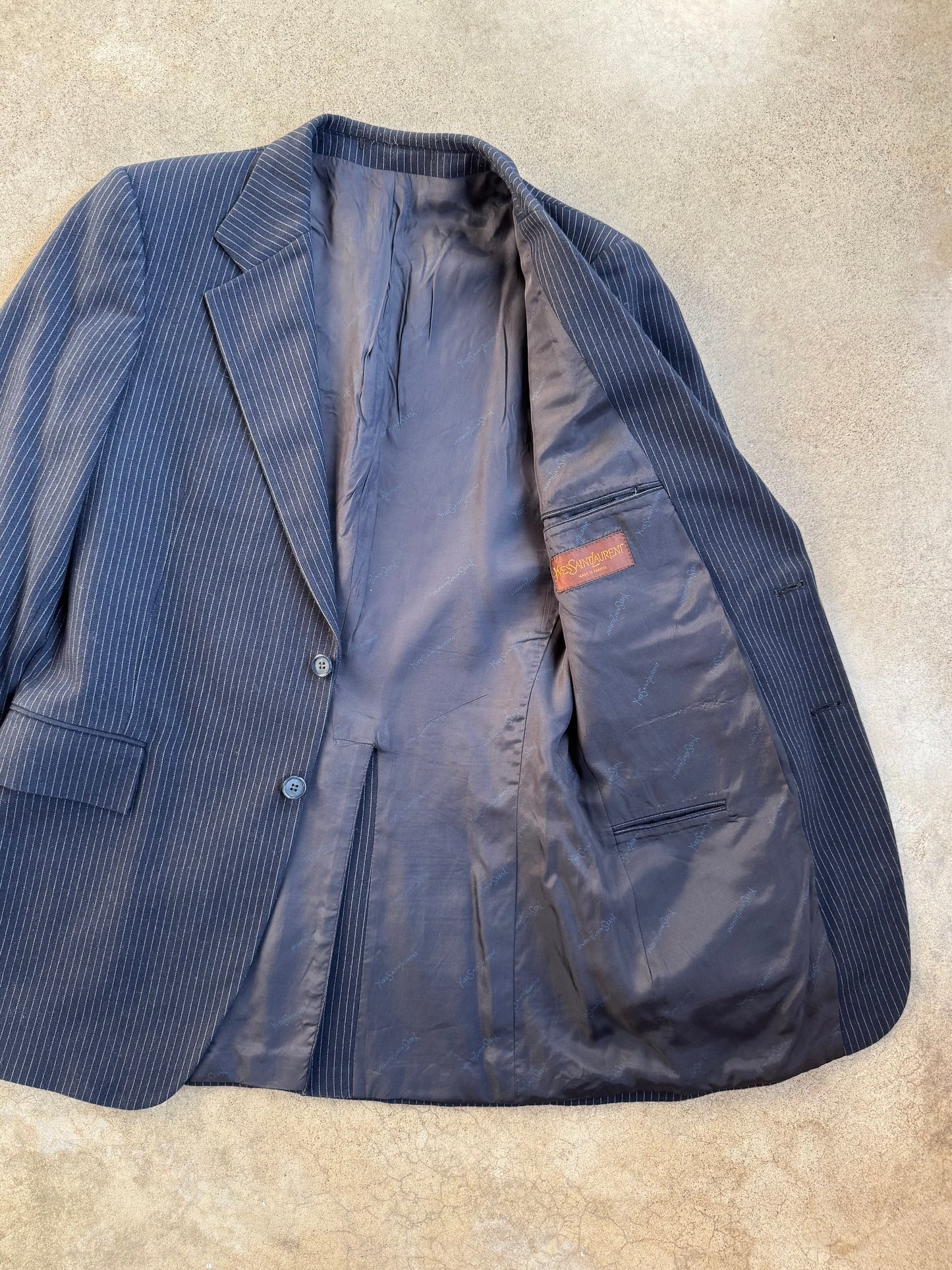 Vintage 1970s Yves Saint Laurent Wool Navy Blue Pinstripe 3-Piece Suit | 42