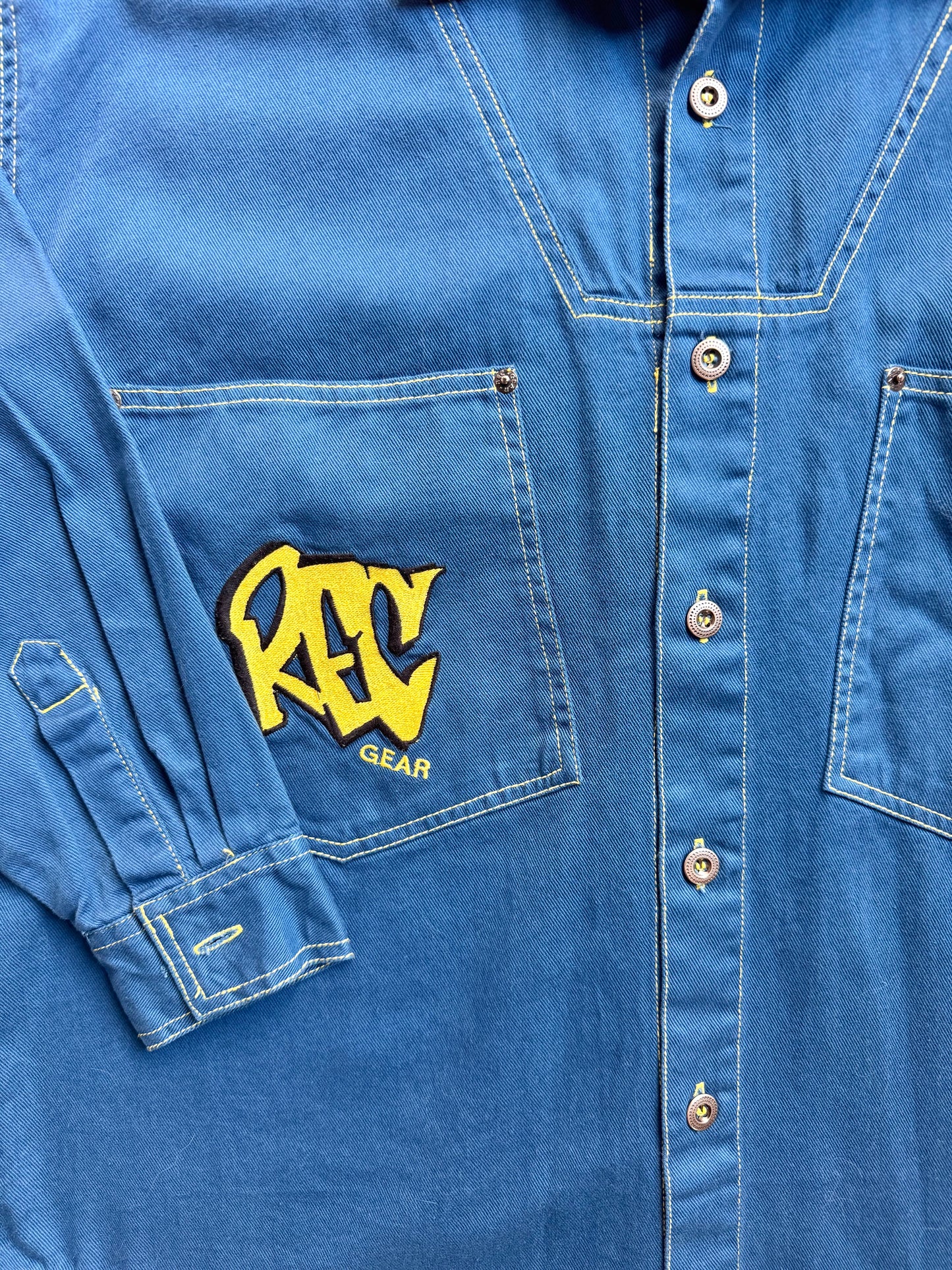 Vintage 1990s Rec Gear Embroidered Blue Button-Up Utility Shirt | Large