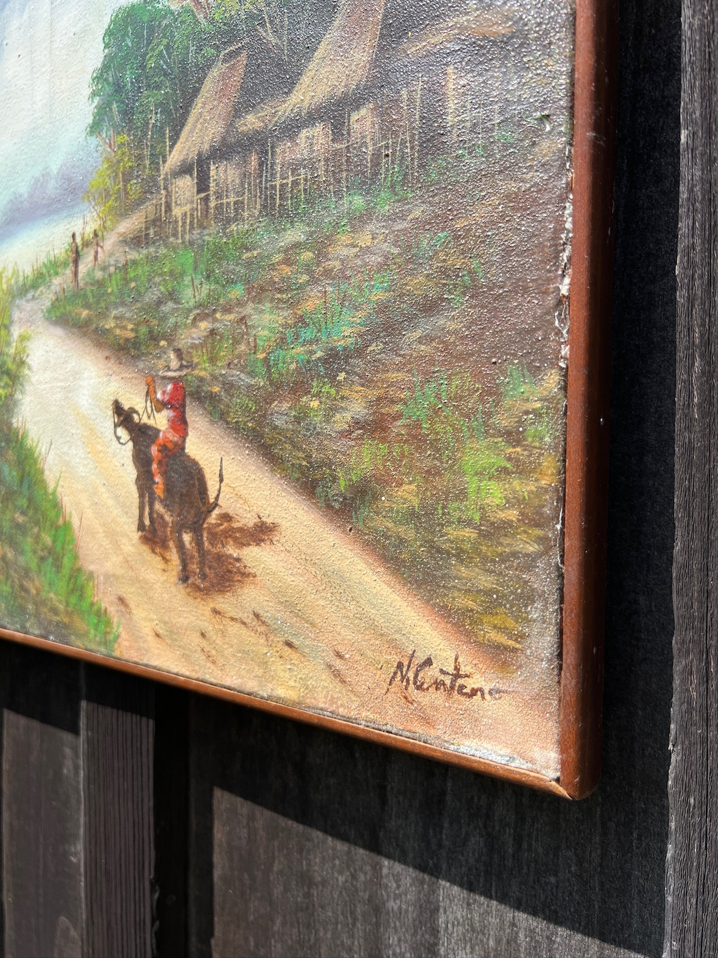 Vintage 1960s Wood Framed Signed South American Oil on Canvas