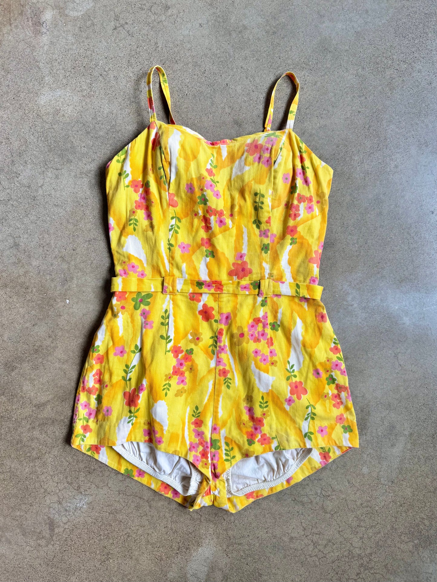 Vintage 1950s Yellow Floral One Piece Playsuit | Small