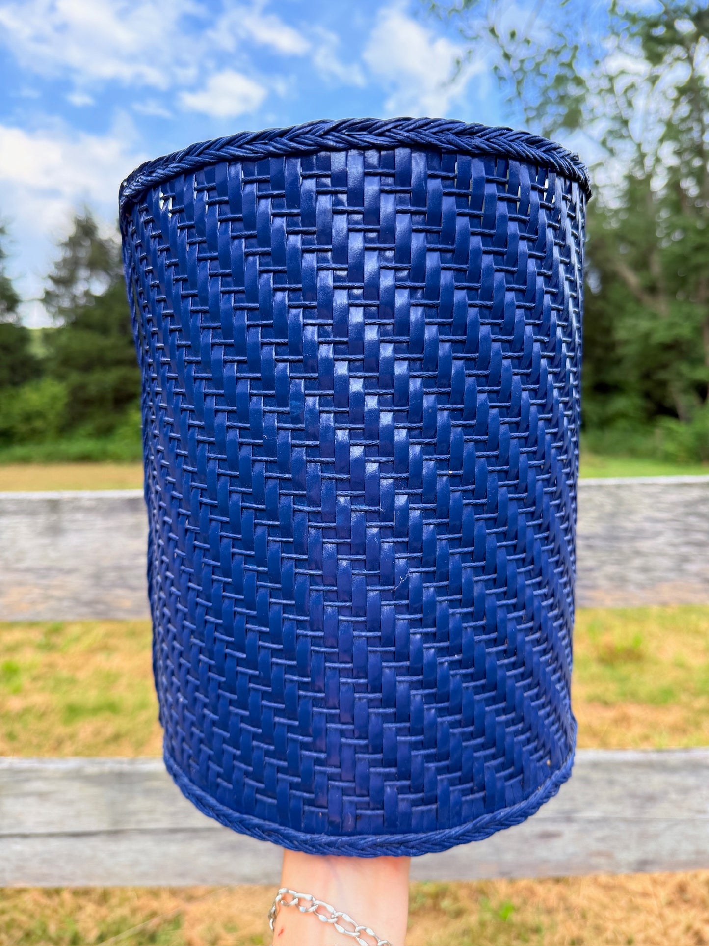 Vintage 1960s Navy Blue Straw Woven Waste Basket