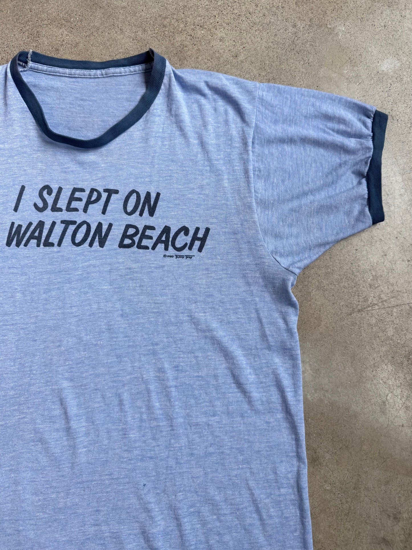 Vintage 1980s “I Slept on Ft. Walton Beach” Blue Ringer Tee | Medium