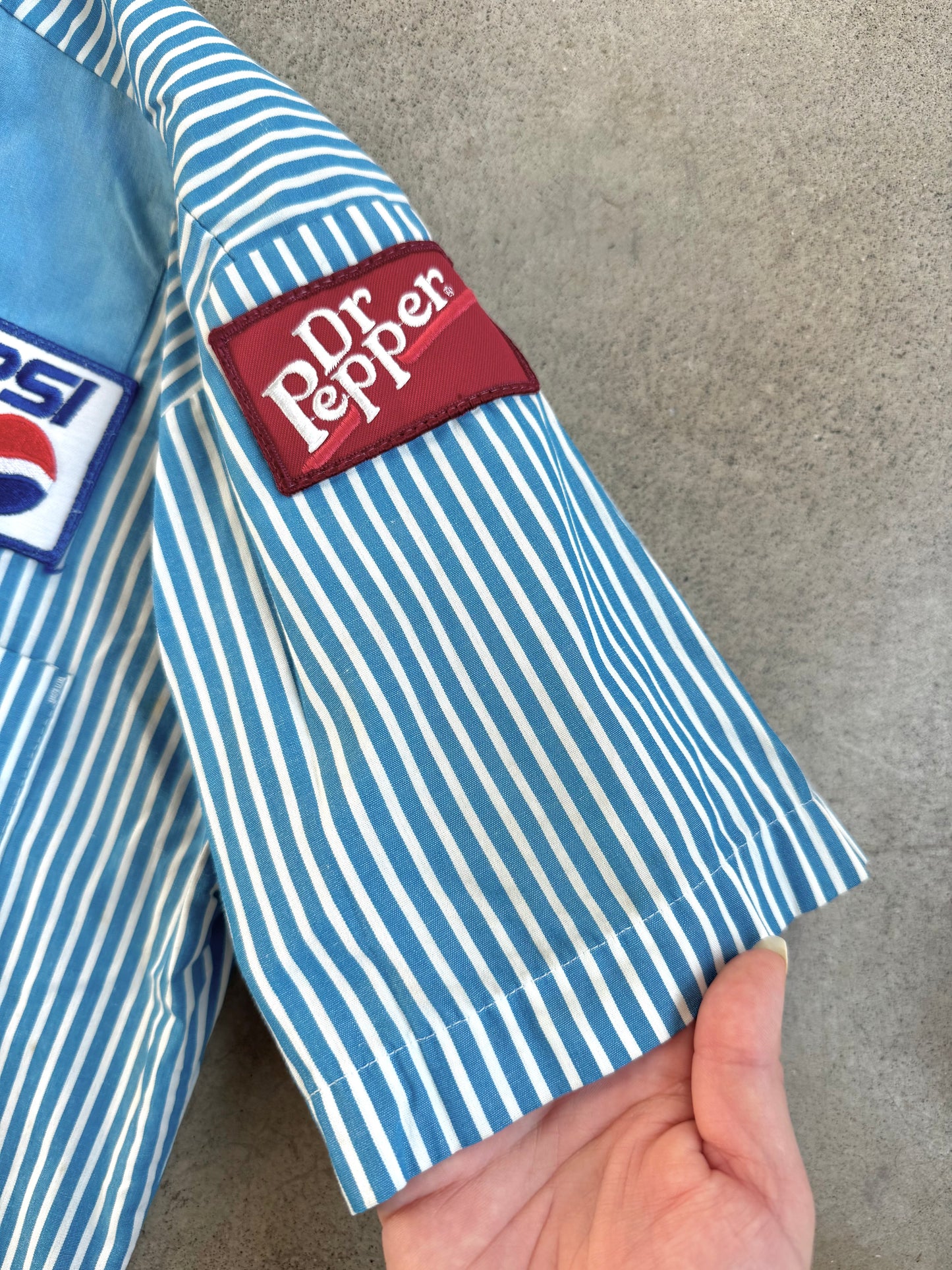 Vintage 1970s Blue Stripe Pepsi Patched Uniform Work Shirt | Medium