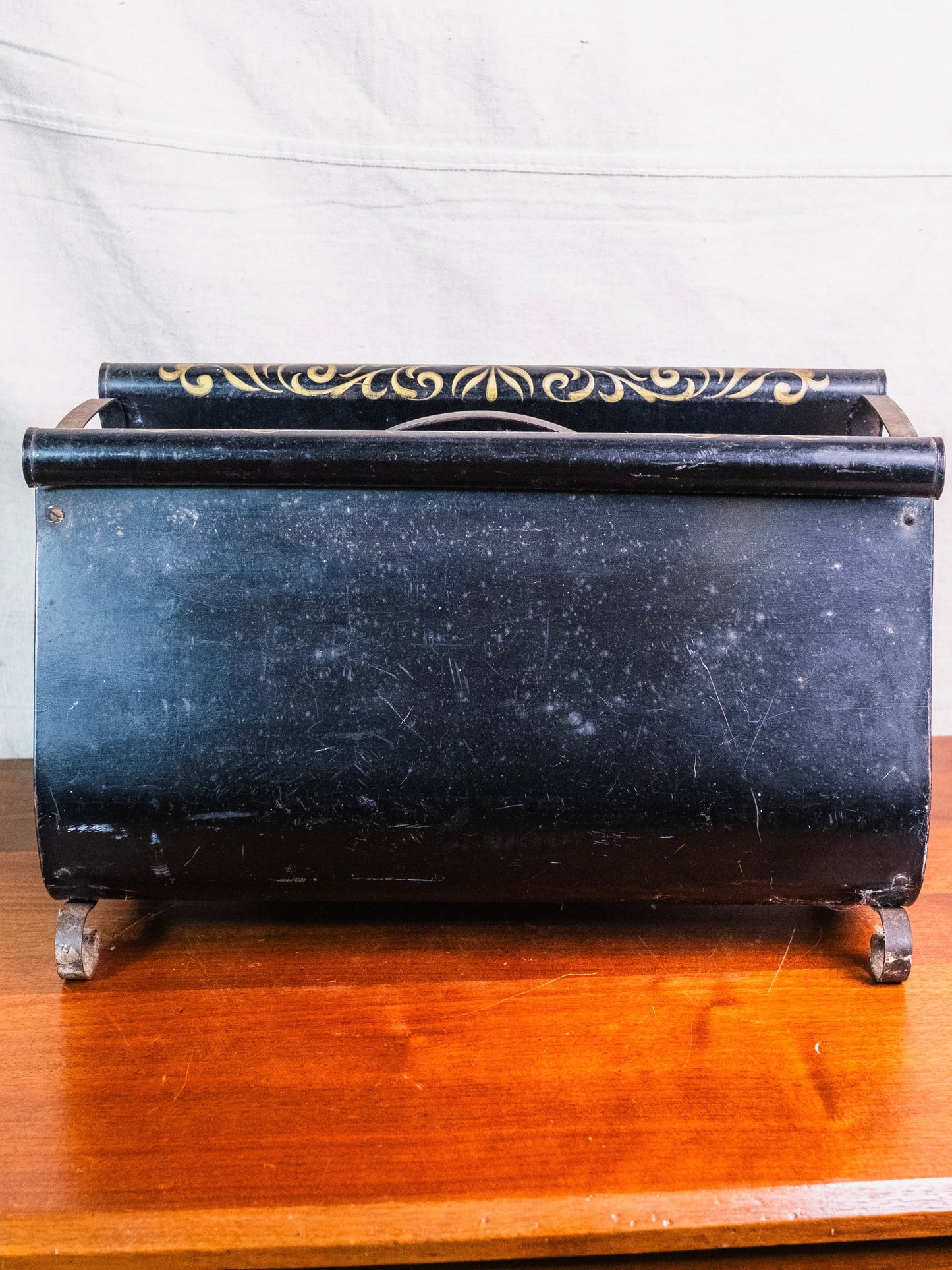 Vintage 1940s Black Metal Hand-Painted Tole-Style Magazine Holder