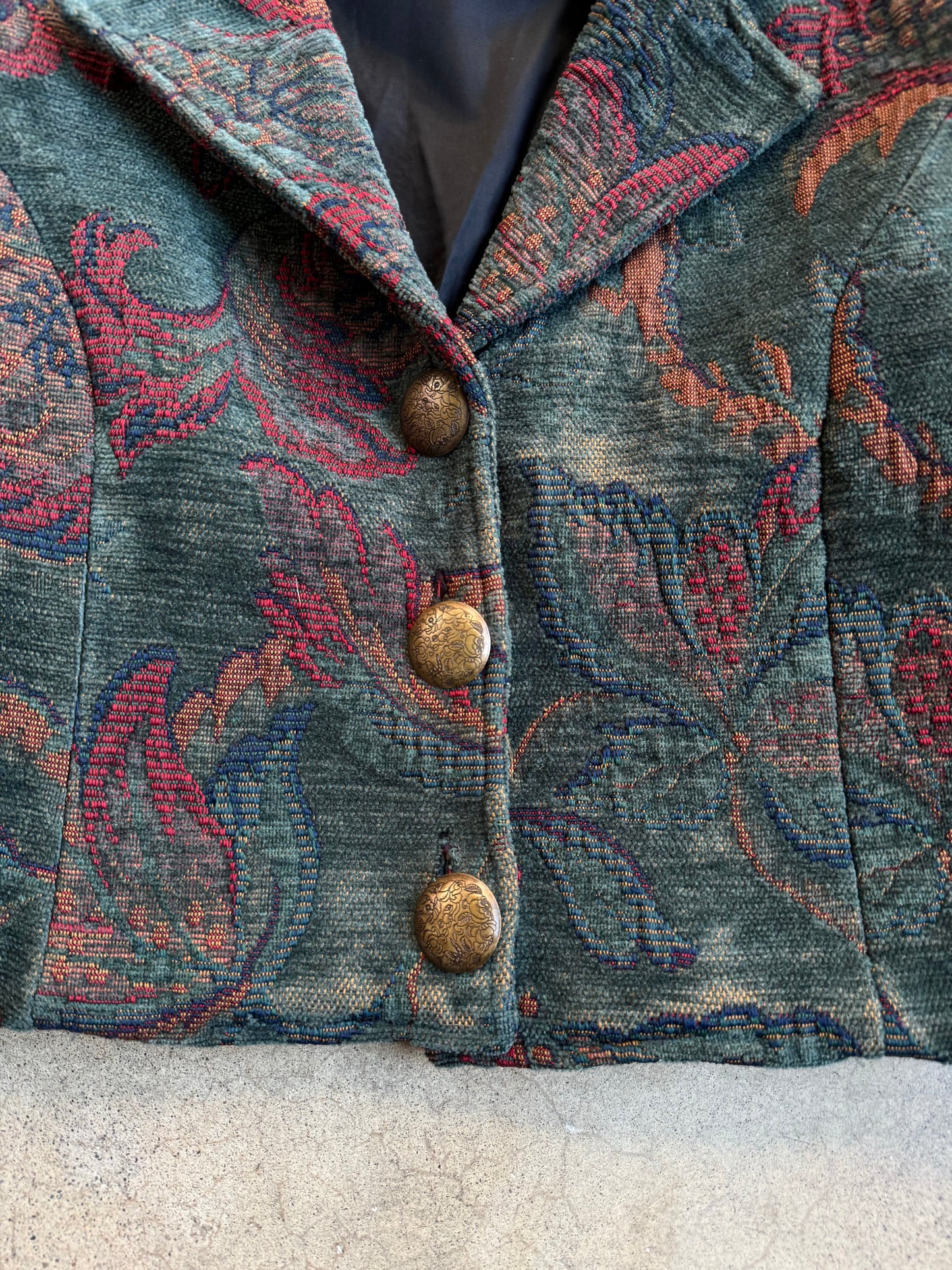 Vintage 1990s Painted Pony Cropped Floral Tapestry Jacket | Small