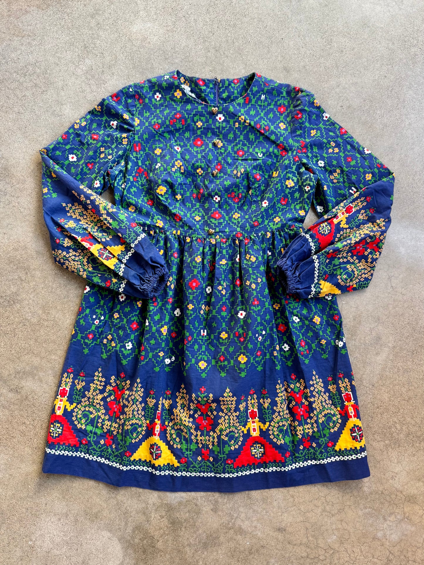 Vintage 1960s Nancy B California Pixelated Floral Long Sleeve Mini Dress | XS/S