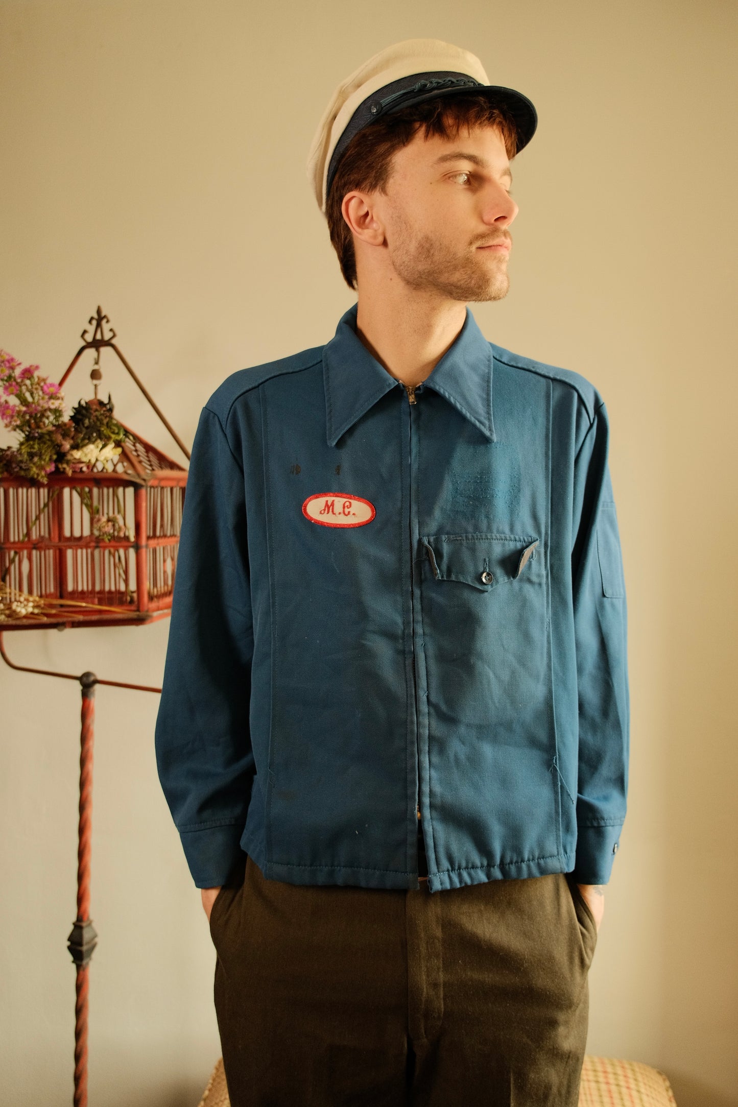 Vintage Riverside Distressed Canvas Zip-up Mechanic Jacket | Large