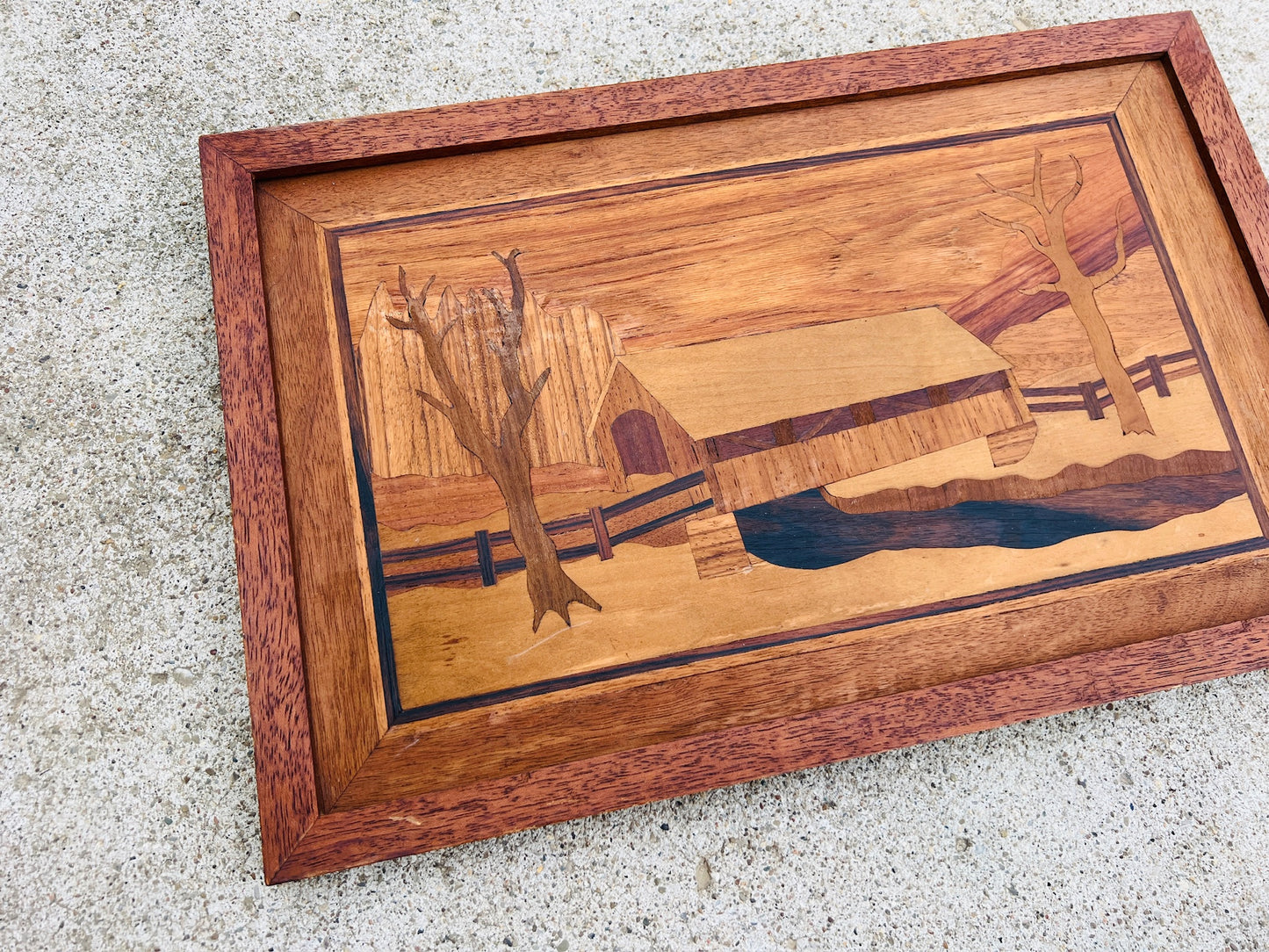 Vintage 1960s Wood Marquetry/Inlaid Winter Scene Artwork