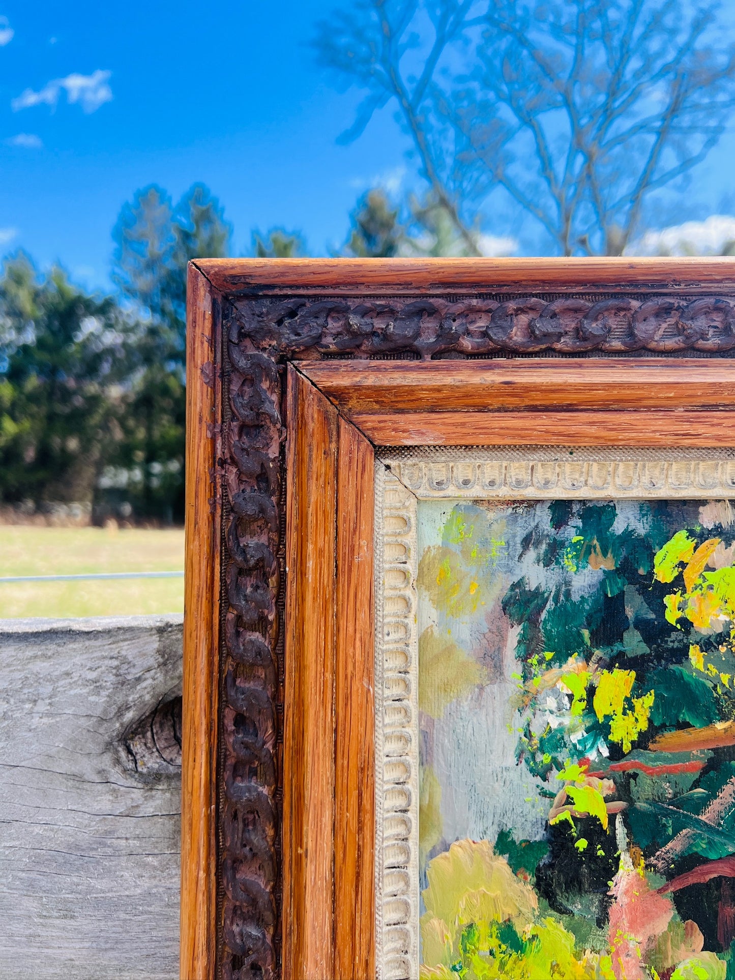 Antique Framed Abstract Landscape Oil on Canvas Painting